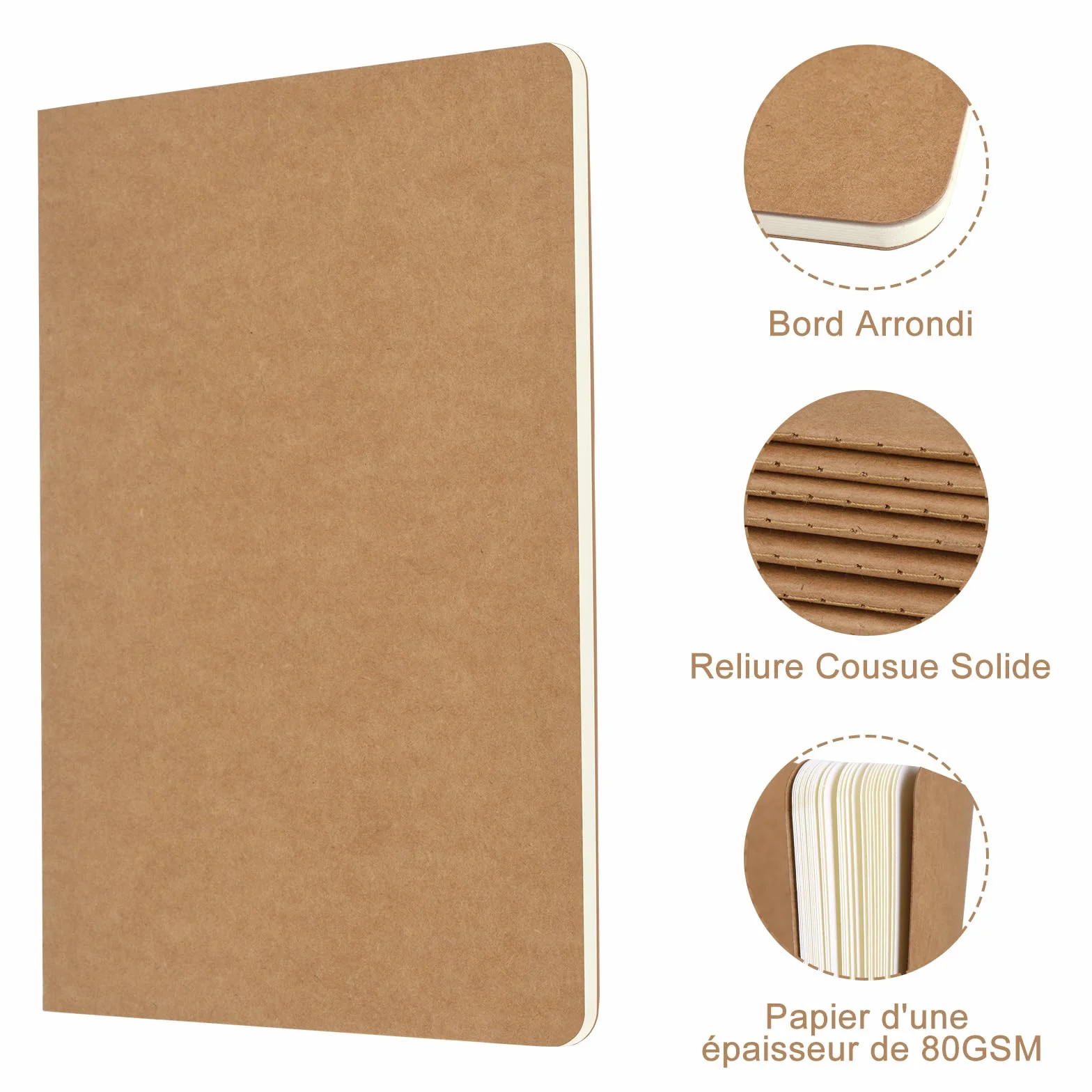 Cahiers Lignés Kraft 60 Pages par Bloc, Lot de 12 Blocs Carnet de Notes 80 gsm