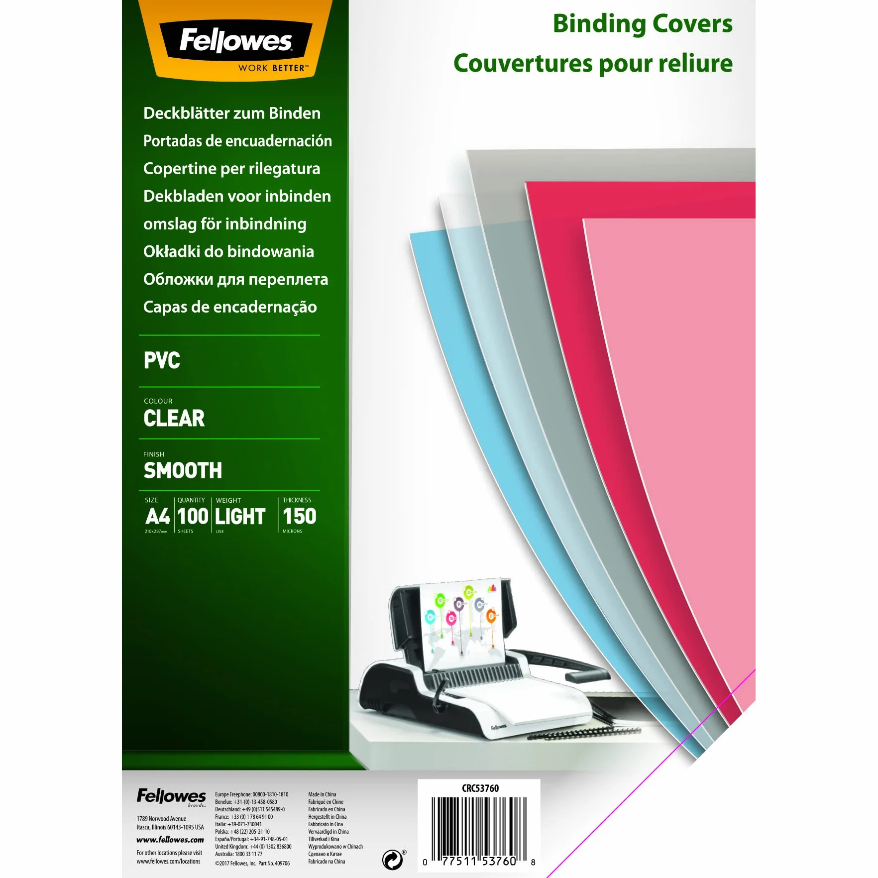 Fellowes Couvertures de reliure A4 transparentes PVC 150 microns 15/100e