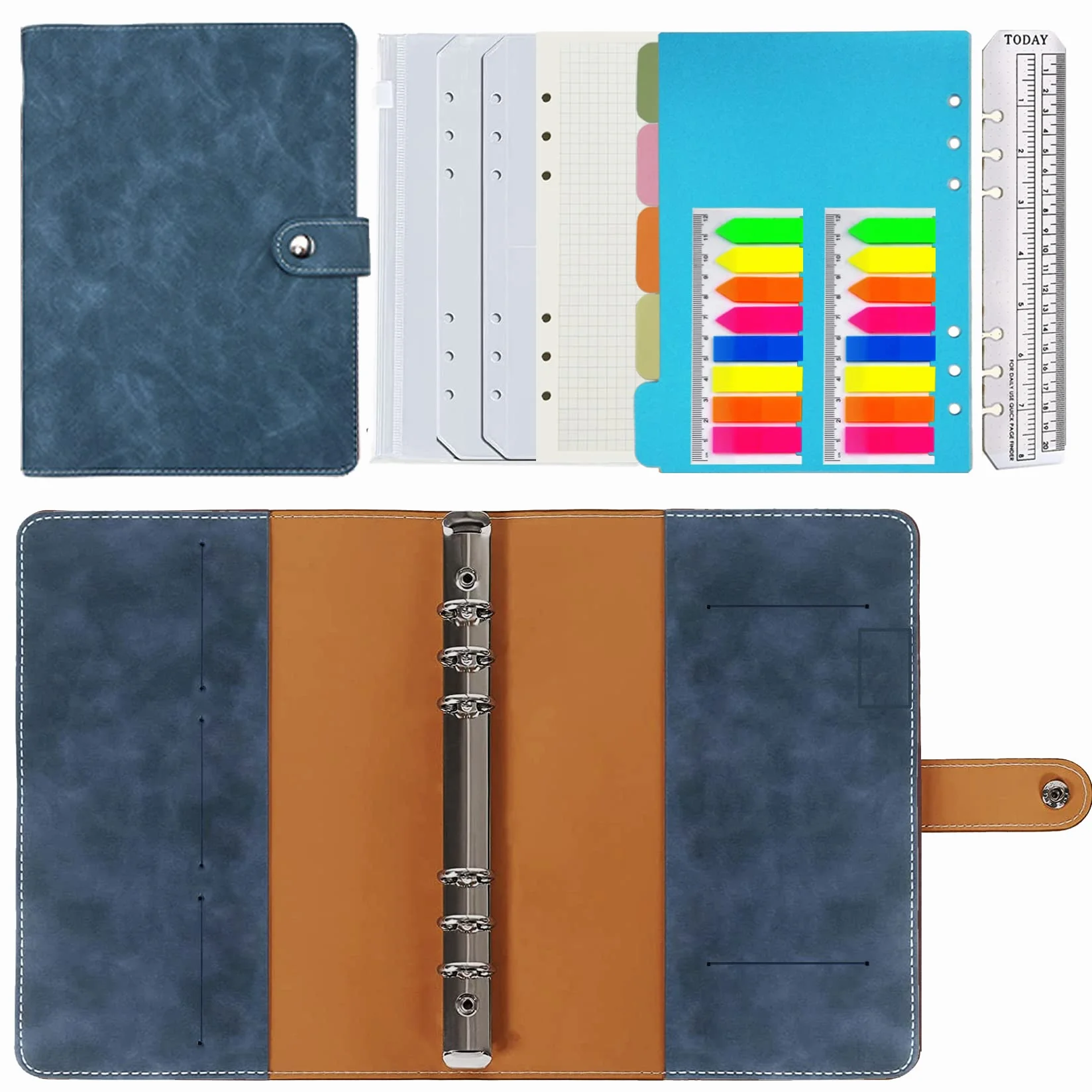 Carnet à Anneaux A5 Rechargeable PU Cuir pour Travail Voyage Organisateur Cadeau Bleu