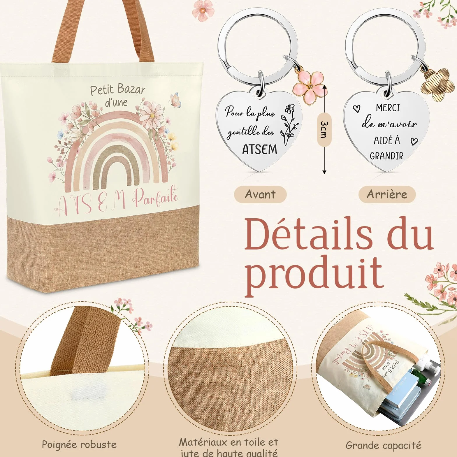 Cadeaux Merci pour ATSEM Sac Fourre-Tout Porte-Clés Stylo Carnet à Spirale Enveloppe Plaque de Cœur Fin d'Année