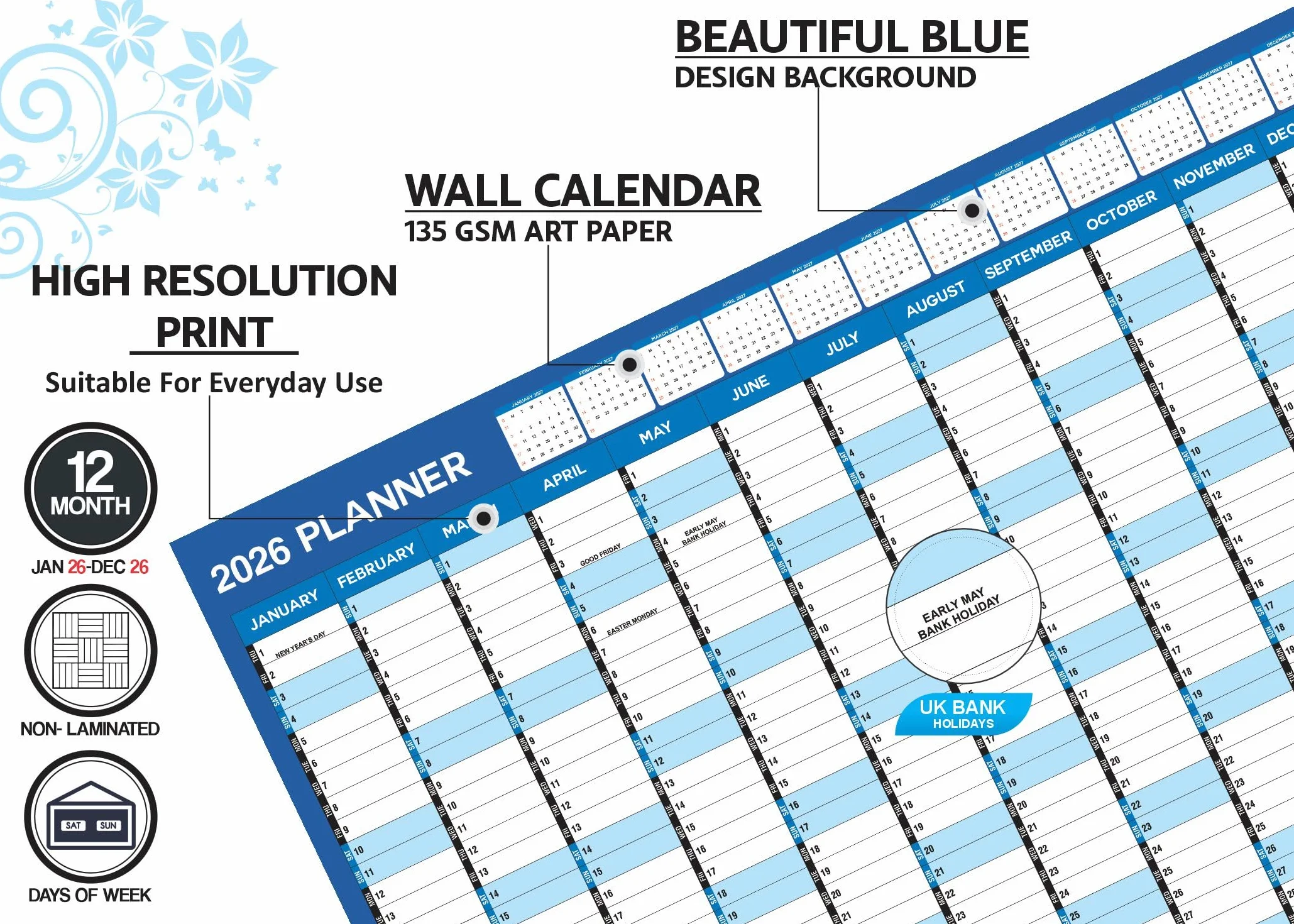 Planificateur mural A1 2026 Calendrier mural grand format janvier à décembre Annuel complet Poster académique