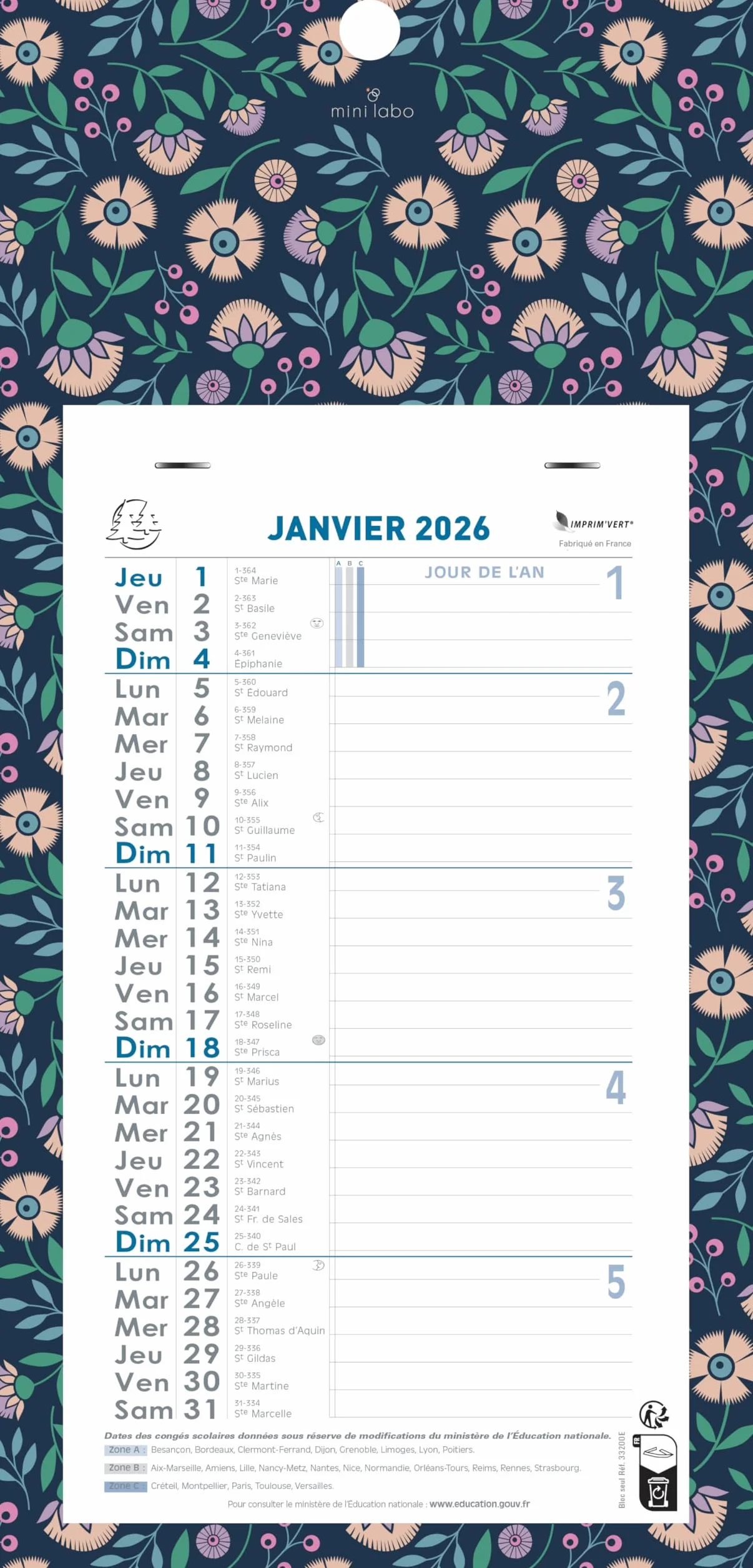 Exacompta 33118E Calendrier mensuel Mini Labo 15,5 x 28,5 cm 2026