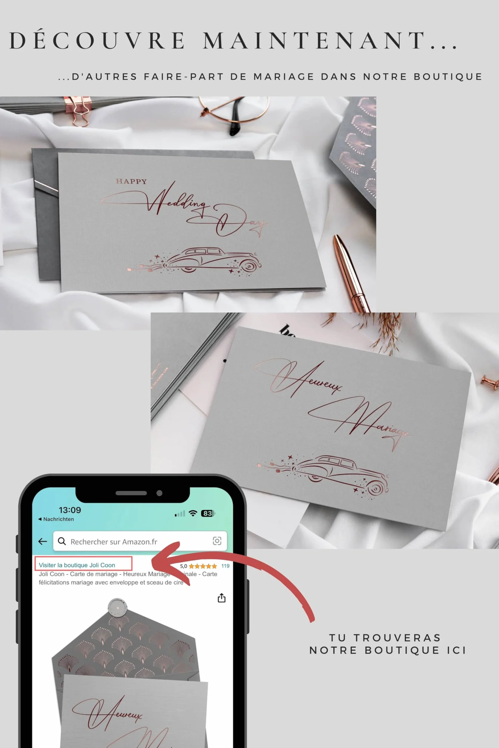 Carte de mariage originale avec enveloppe et sceau de cire - Joli Coon