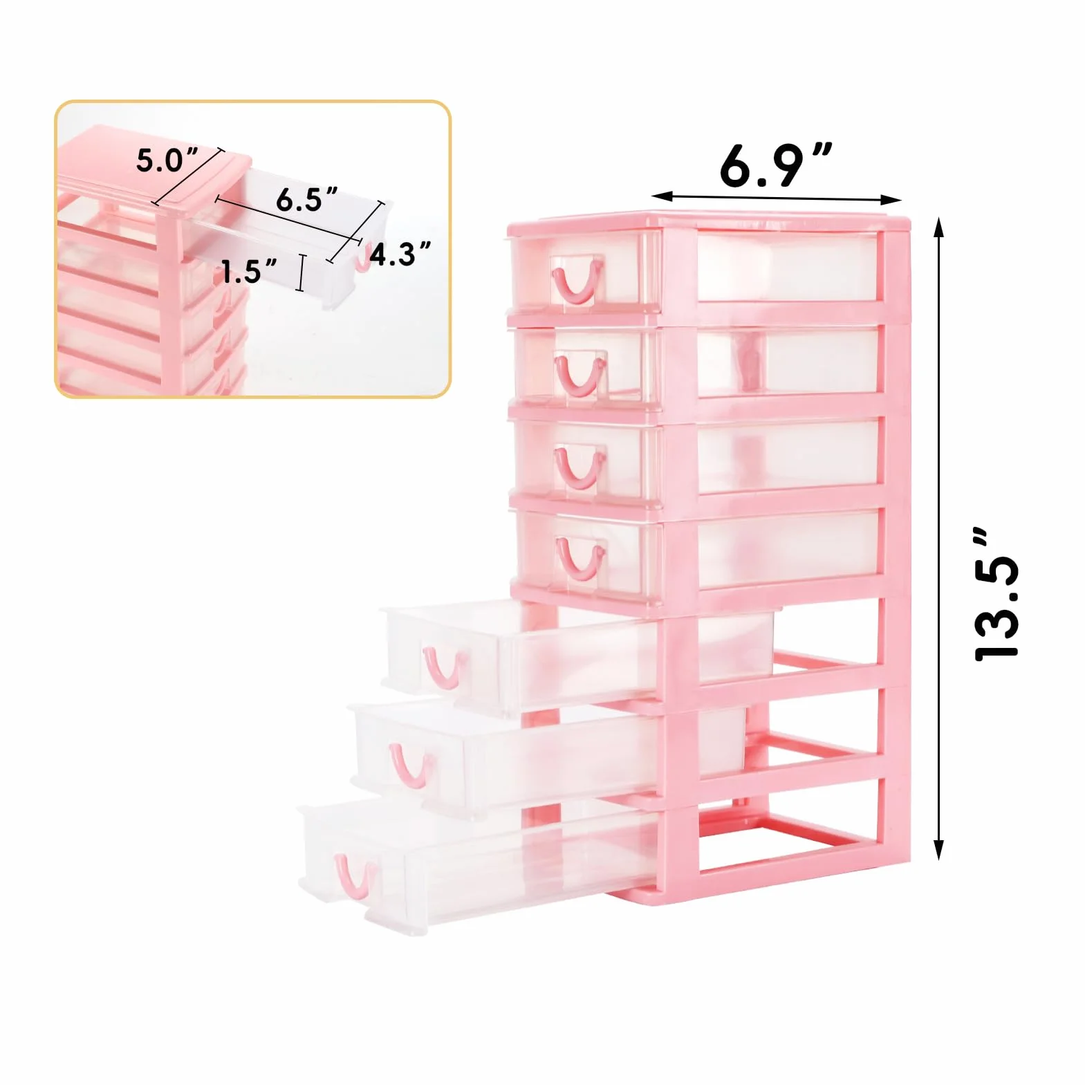 Mini organiseur en plastique 7 tiroirs transparents rangement bureau 18 x 13 x 33,5 cm rose