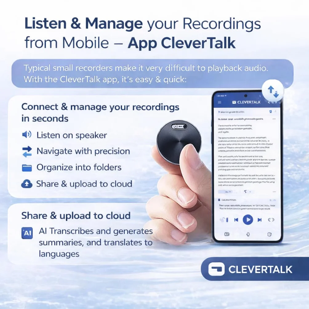 CleverTalk Q37 Enregistreur Vocal 64GB Audio HD 1536kbps USB-C Activation Vocale App Mobile Cloud Européen RGPD