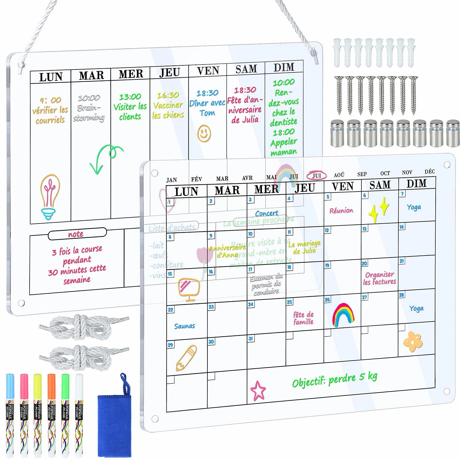 POPRUN Tableau Blanc Calendrier Mural Planning Semainier Mensuel Transparent Effaçable Planificateur Hebdomadaire Organisateur Familial