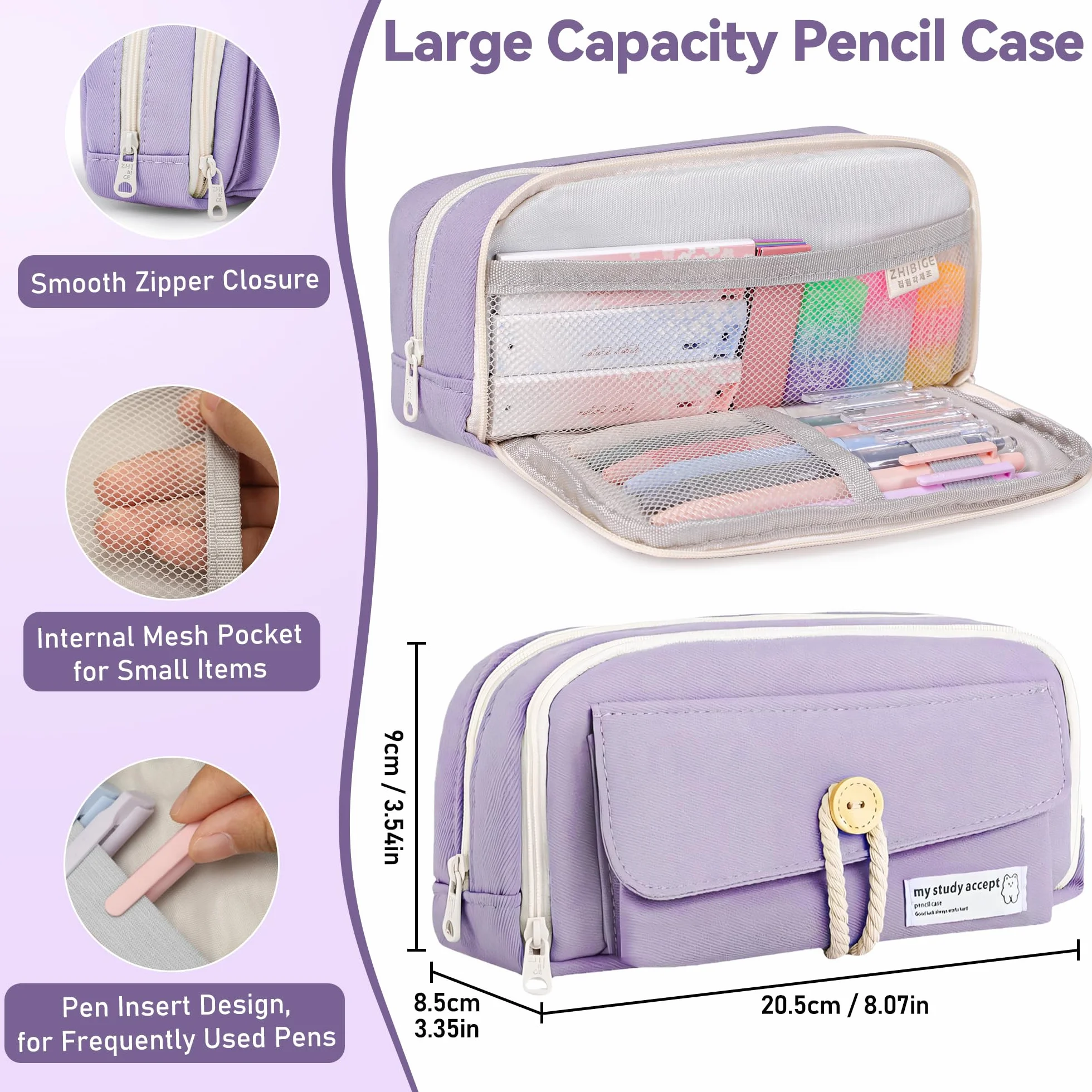 DazSpirit Lot de 61 Fournitures Scolaires Esthétiques avec Trousses, Surligneur Pastel, Stylos Effaçables, Stylos Gel, Porte Mine 0.5 mm et 0.7 mm, Violet