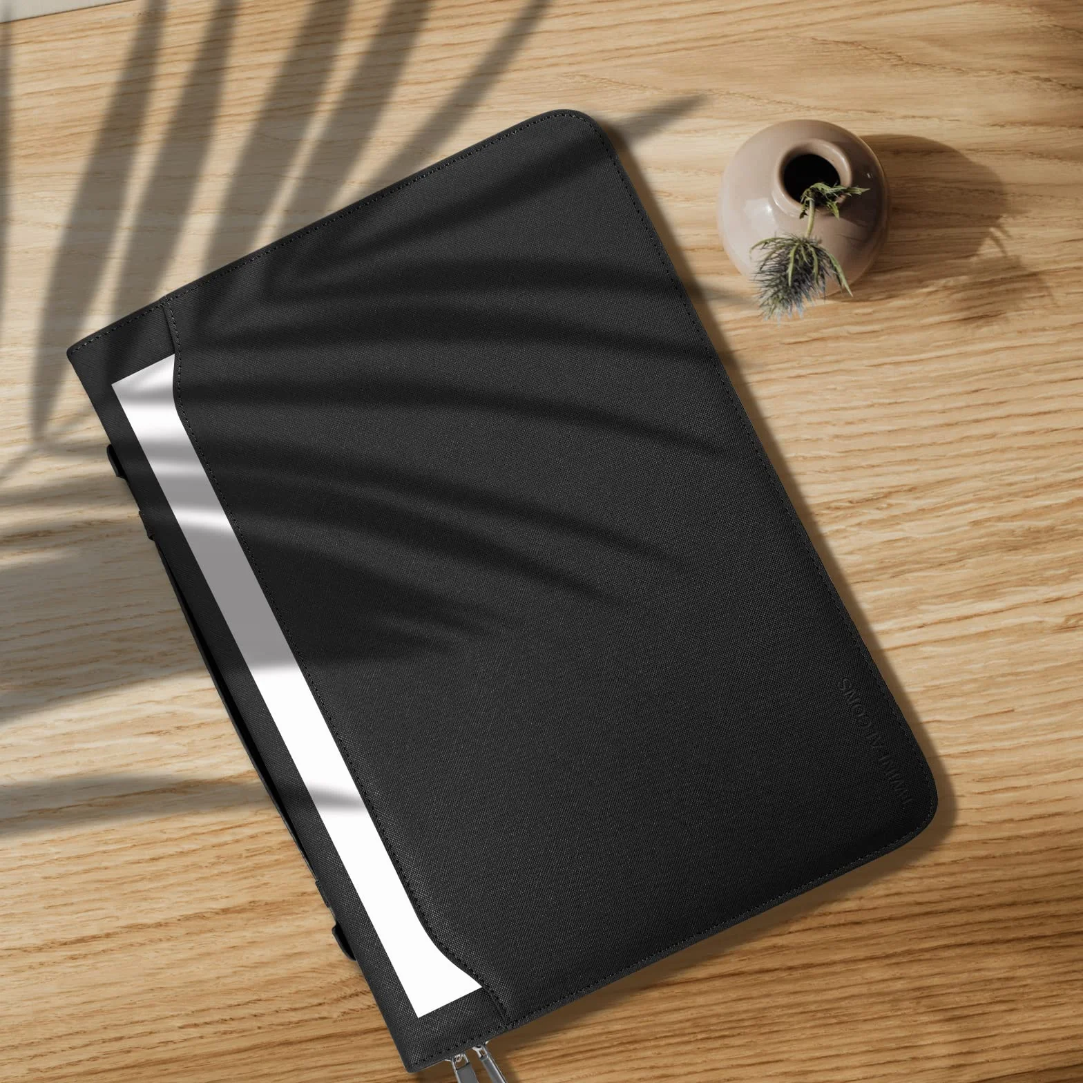 Porte Document à anneaux en O, Portfolio en Cuir PU avec Calculatrice, Noir