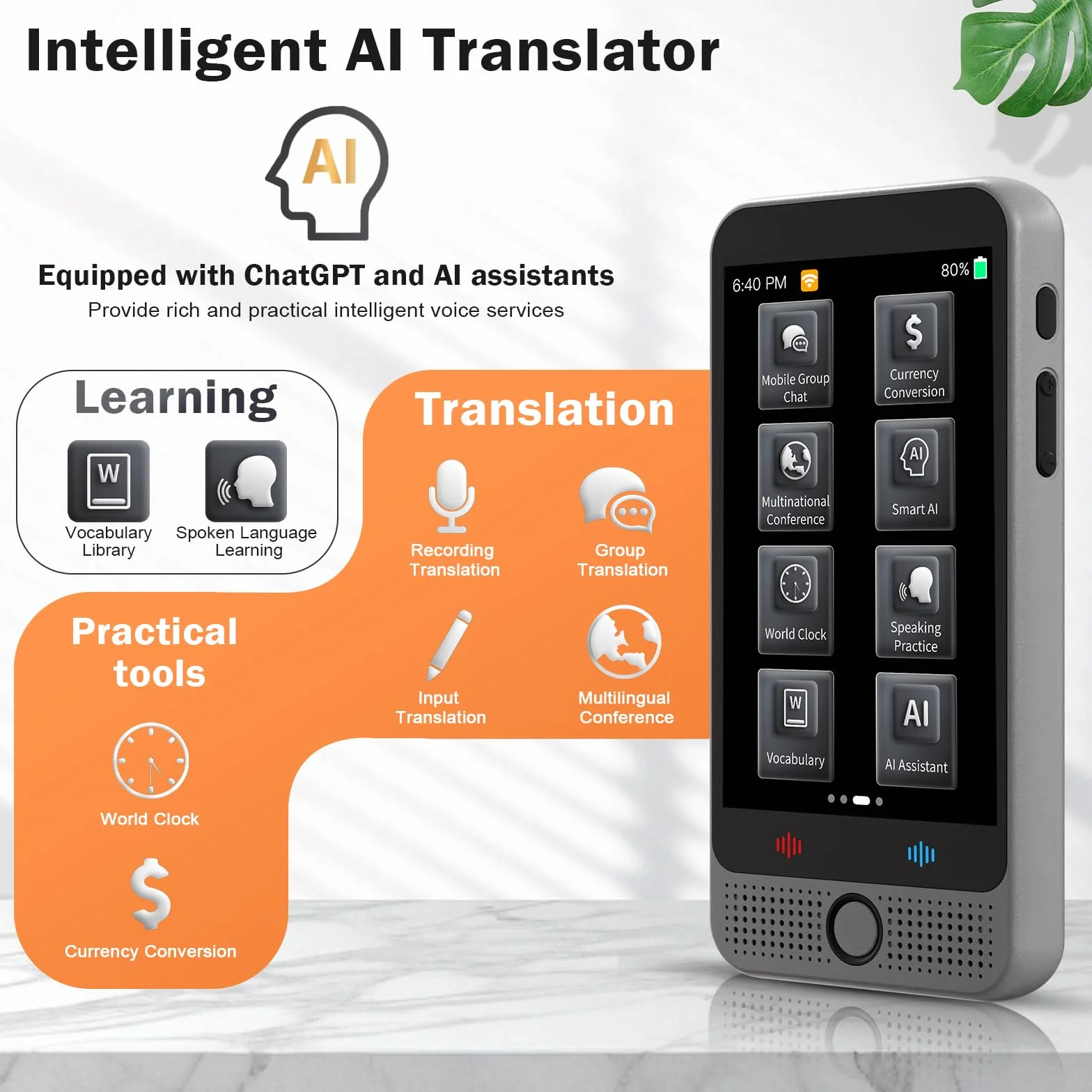 Traducteur Vocal Instantané Sans Connexion 142 Langues AI Translator Batterie 2000 mAh Gris