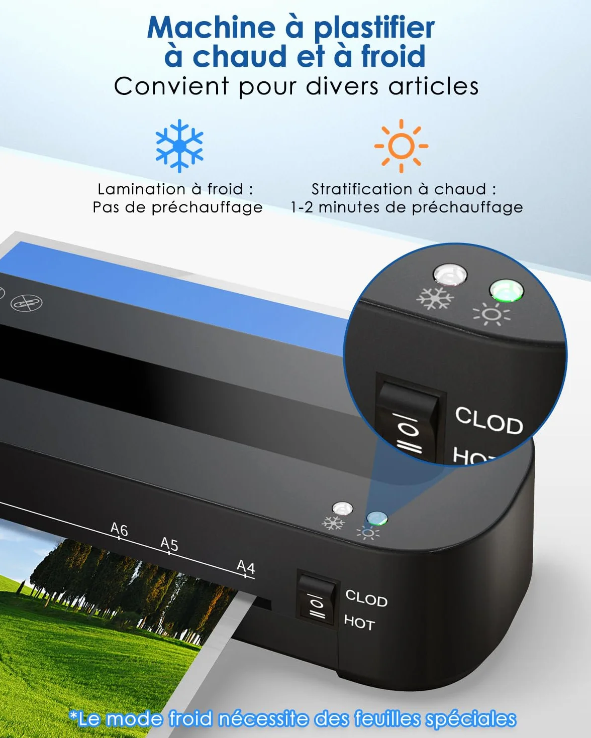 Plastifieuse A4 5 en 1 avec 30 Feuilles, Machine à Plastifier A4/A5/A6, Plastification à Chaud et à Froid avec Coupe-papier