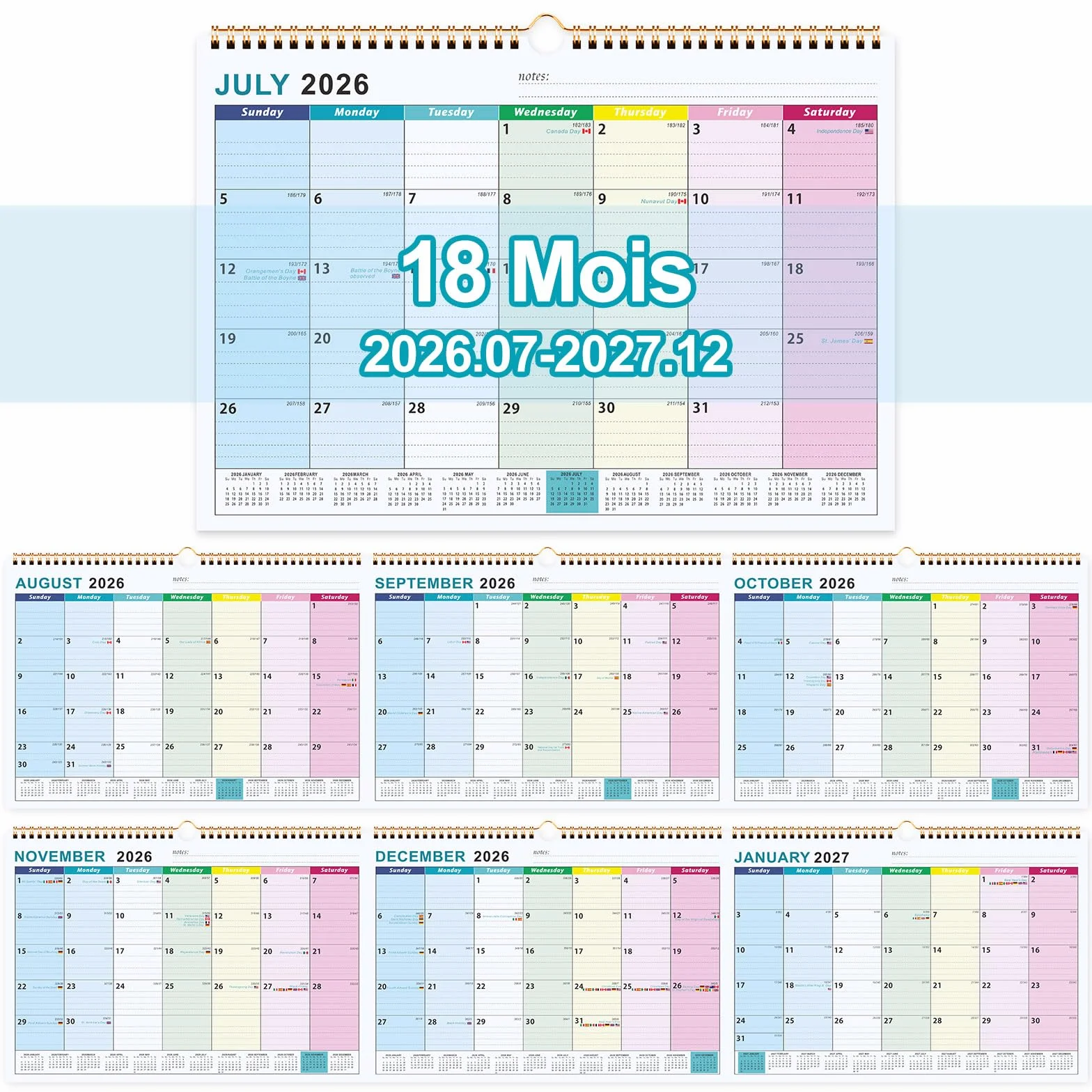 Calendrier Familial Juillet 2026 à Décembre 2027, A4 Mural Mensuel Bureau, Agenda Planning Organisateur avec Bobine, Autocollants