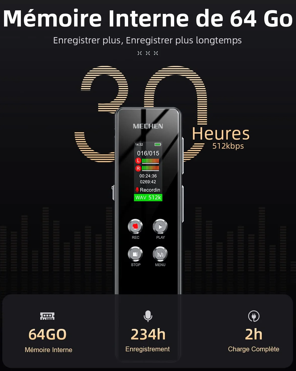 MECHEN Enregistreur Vocal 64 Go, Enregistrement HD 1536 kbps, Réduction du Bruit Automatique, Lecteur MP3