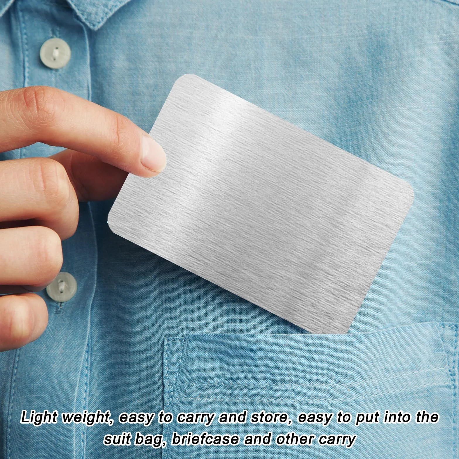 Sporgo Lot de 100 cartes de visite en métal, 8,6 x 5,4 cm, 0,21 mm, argent, alliage d'aluminium, vierges, gravées au laser