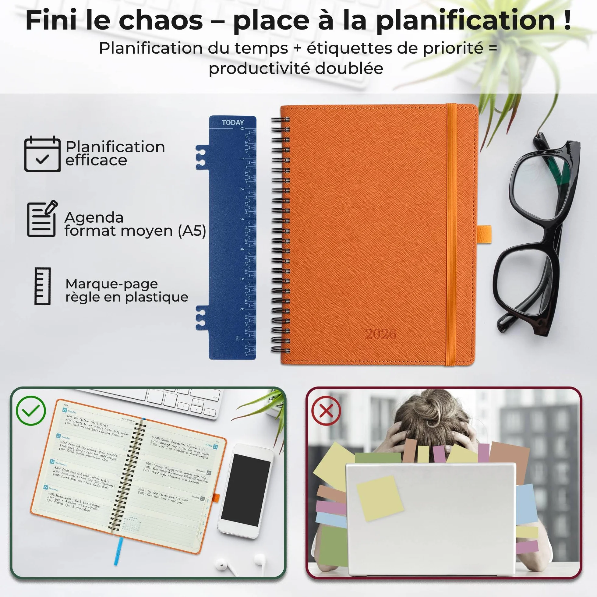 Agenda Semainier 2026 A5 21,9x16,4 cm Spirale Planificateur Hebdomadaire 12 Mois Papier 100GSM Couverture PU Cuir Orange