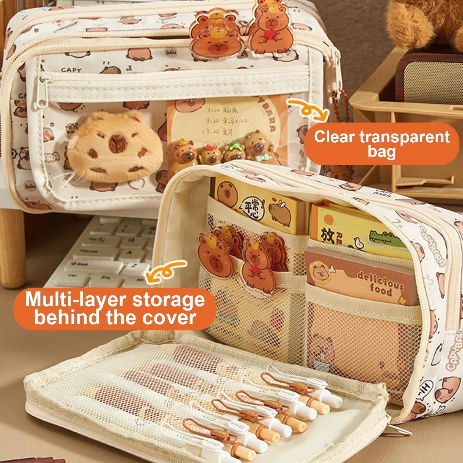 Capybara Kawaii Trousse à Crayons 58 Pièces Papeterie avec 9 Compartiments pour Bureau Scolaire Étudiants
