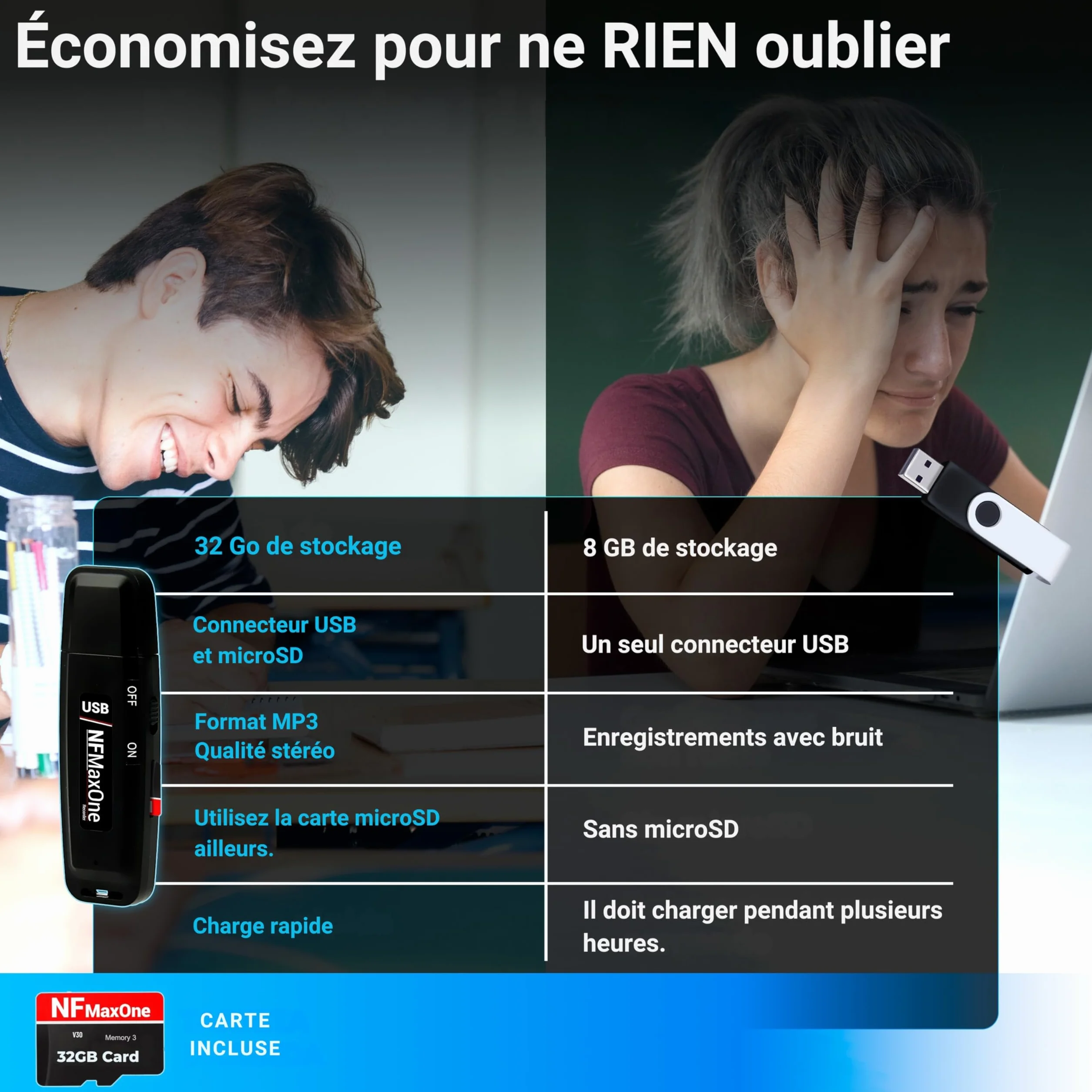 Enregistreur Vocal Espion Numérique 32 Go Mini Audio Réunions Interviews Cours USB Portable 500 Heures