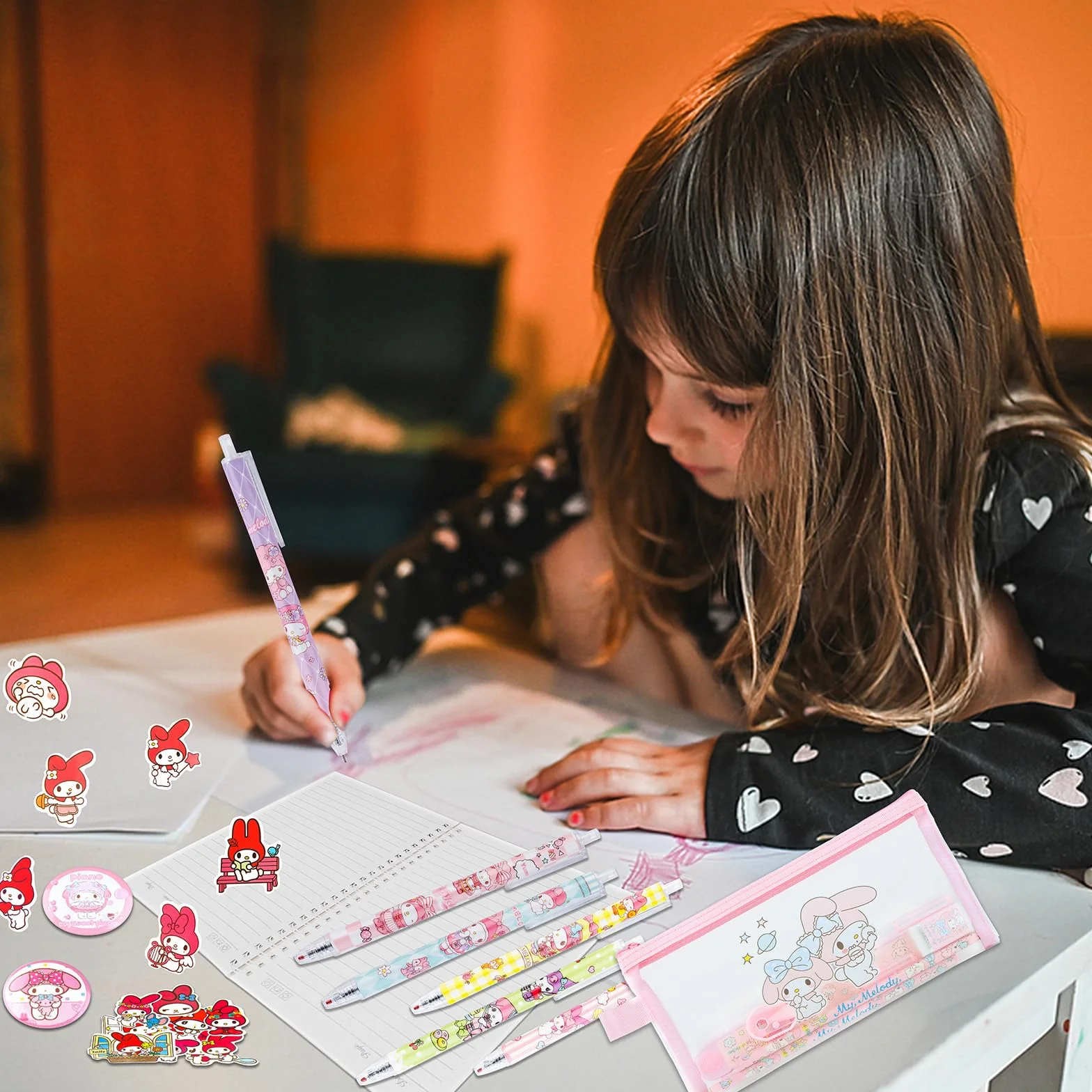 Ensemble Kawaii Mel-dy avec stylos, autocollants, trousse rose pour rentrée scolaire