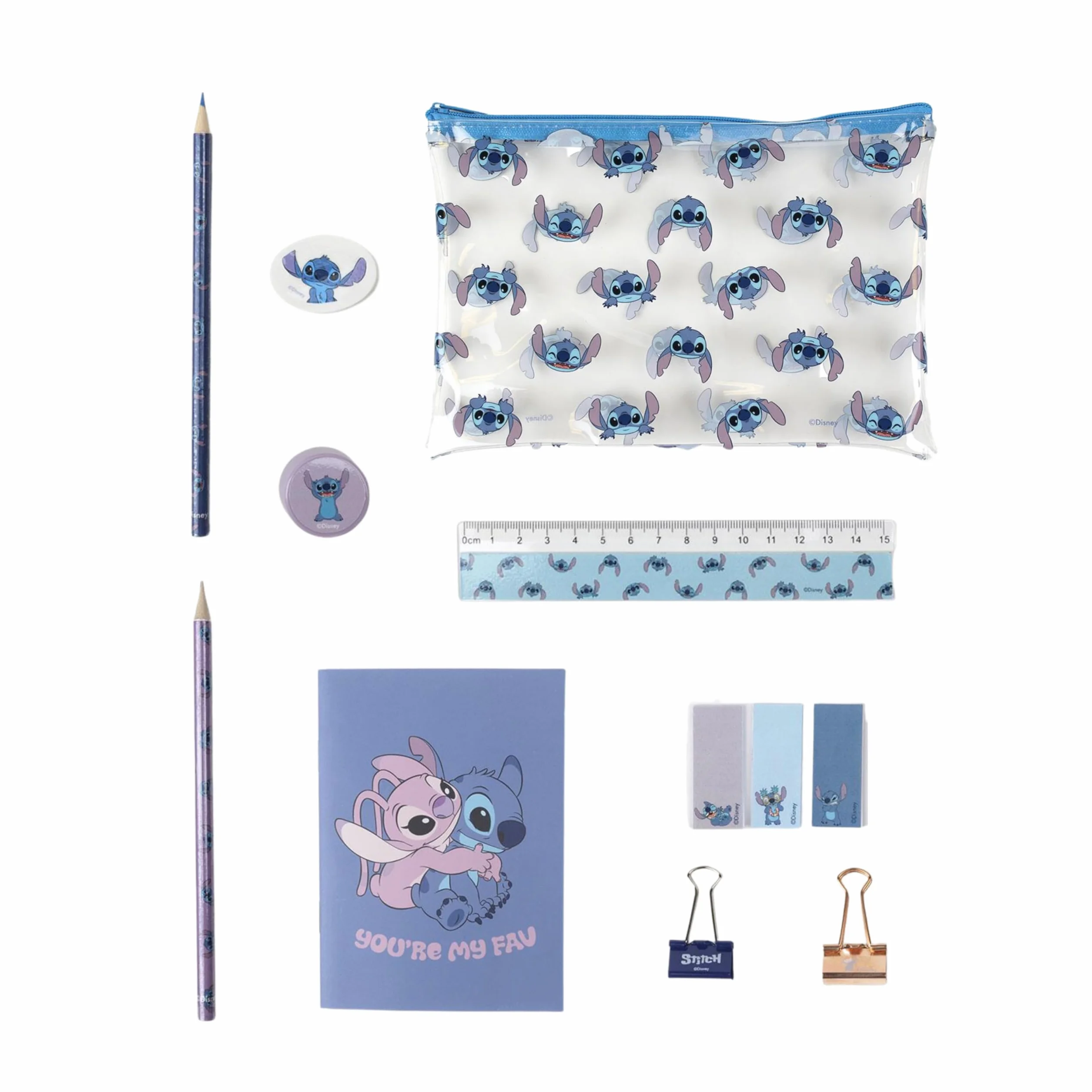 Disney Lilo et Stitch Lot papeterie crayon règle cahier A6 gomme taille-crayon notes adhésives clips crayon couleur multicolore