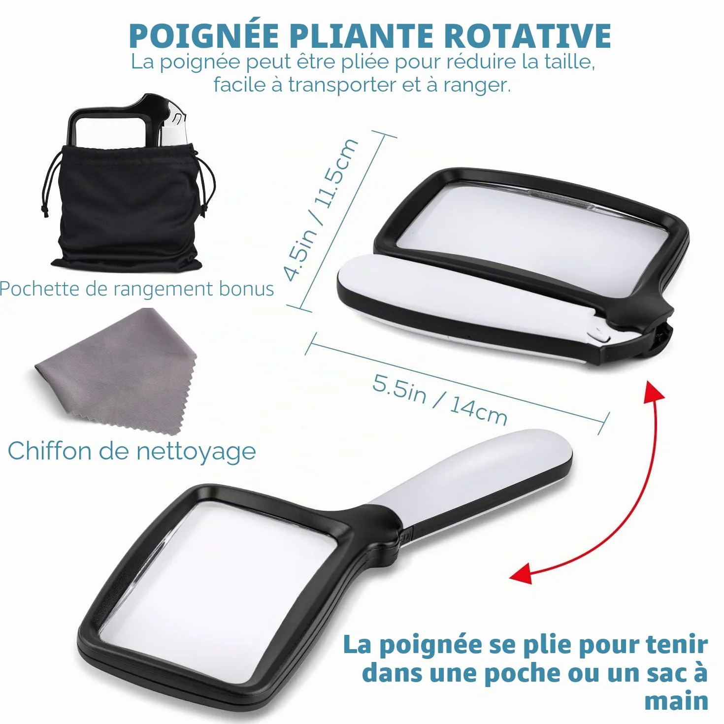 Loupe de Lecture Pliable à Main 6X avec LED à intensité Variable Grand Format pour Personnes âgées