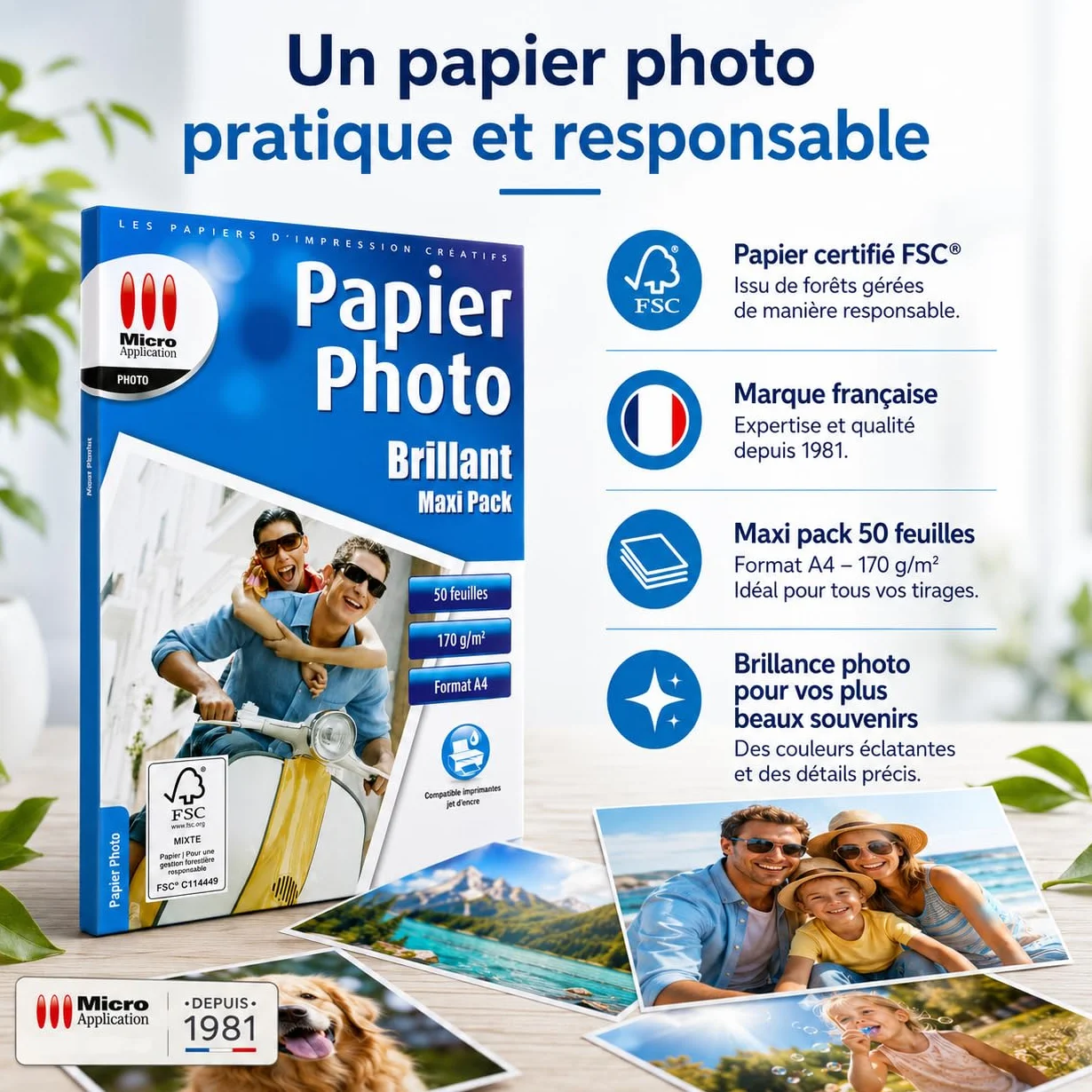Papier Photo Brillant A4 170 g/m² Maxi Pack 50 Feuilles Séchage Rapide 9600 dpi Compatible Jet d'Encre