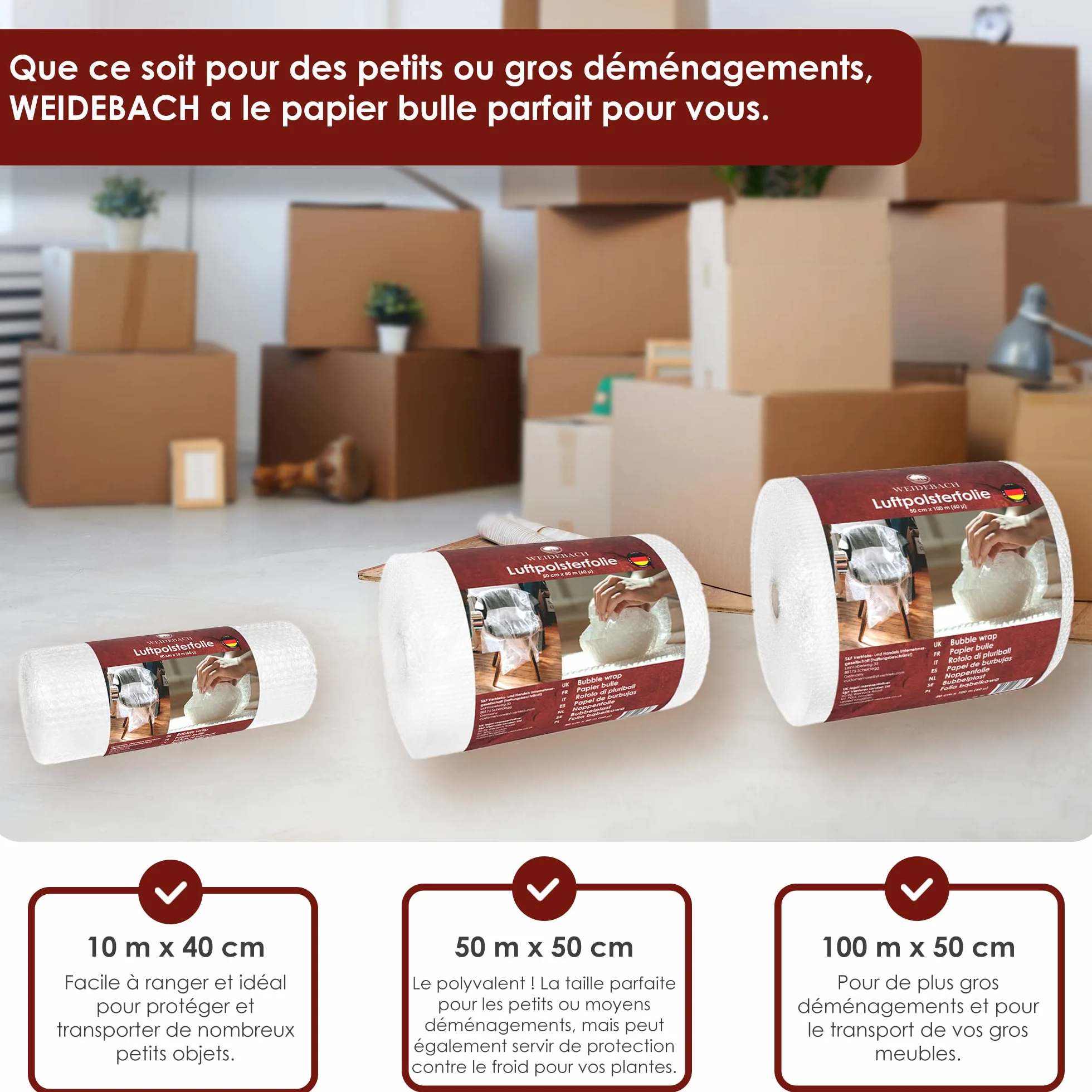 WEIDEBACH® Papier bulle 10m x 40cm 60µ 2 couches rouleau déménagement