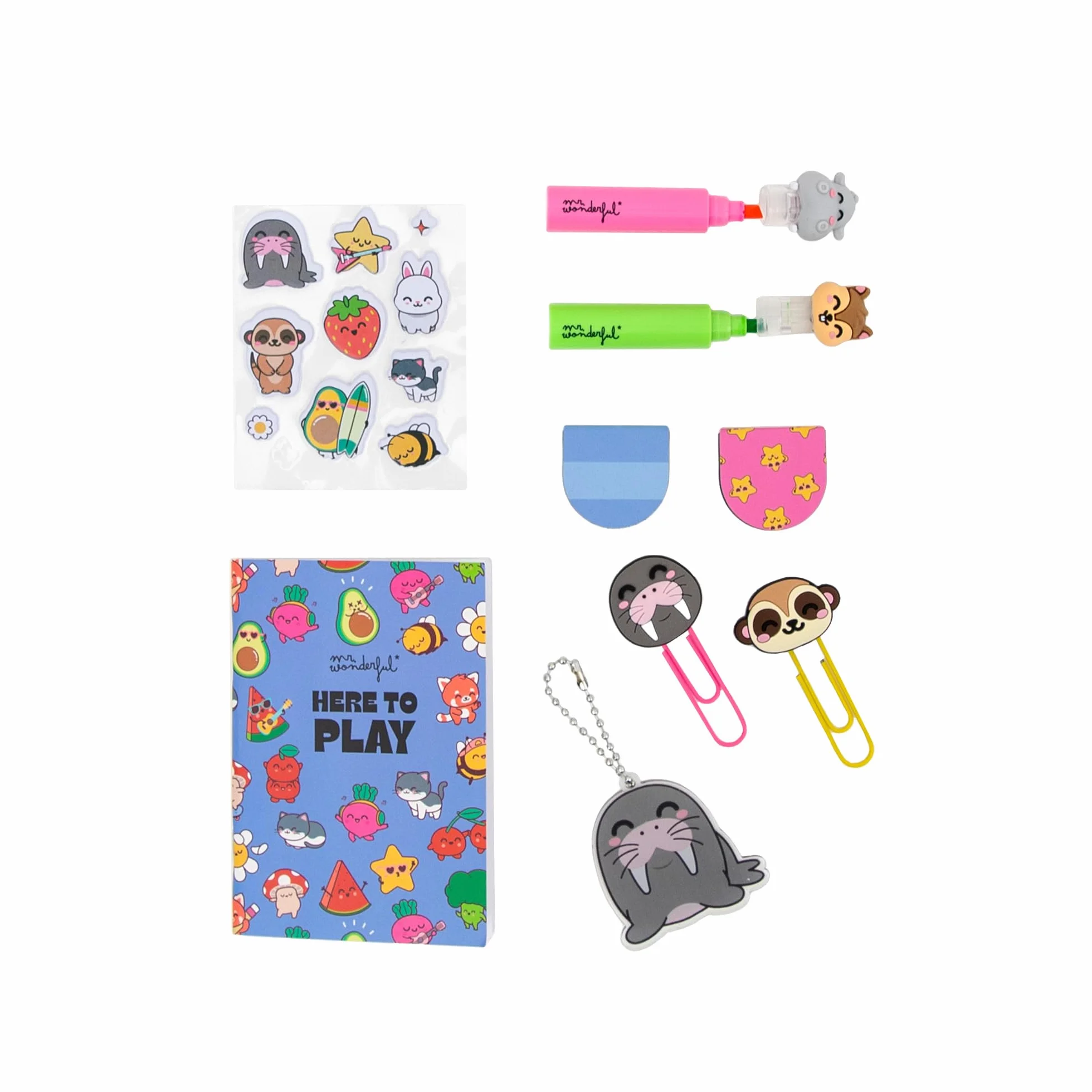Mr. Wonderful Kit Papeterie Créative Here to Play – Set Autocollants Surligneurs Marque-Pages Mini Carnet