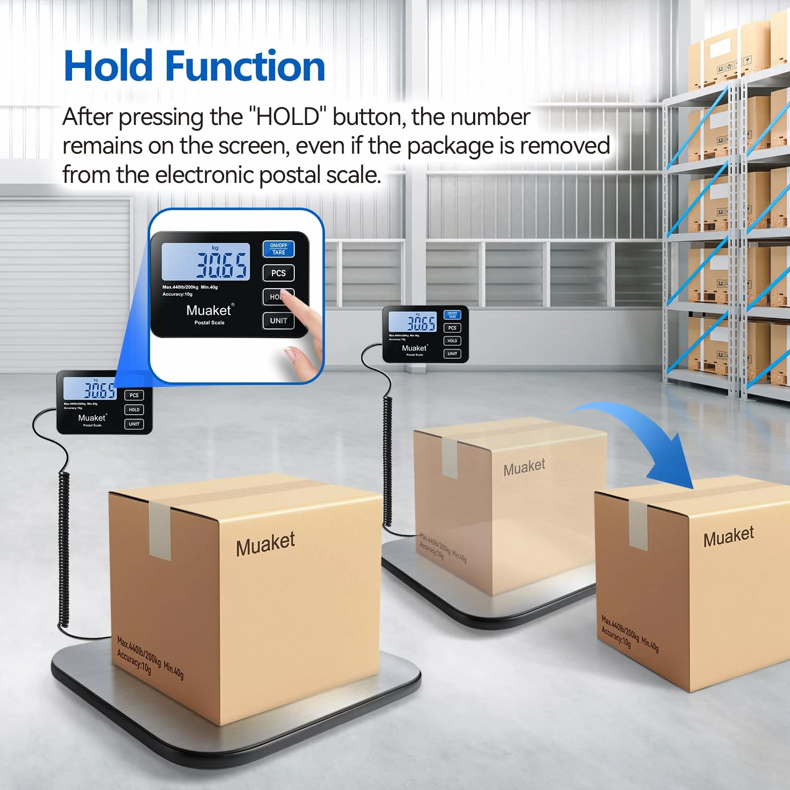 Balance Colis Numérique 200kg/10g, Pèse Colis Portable avec Fonction Hold/Tare, Écran LCD pour Bagage Maison Poste