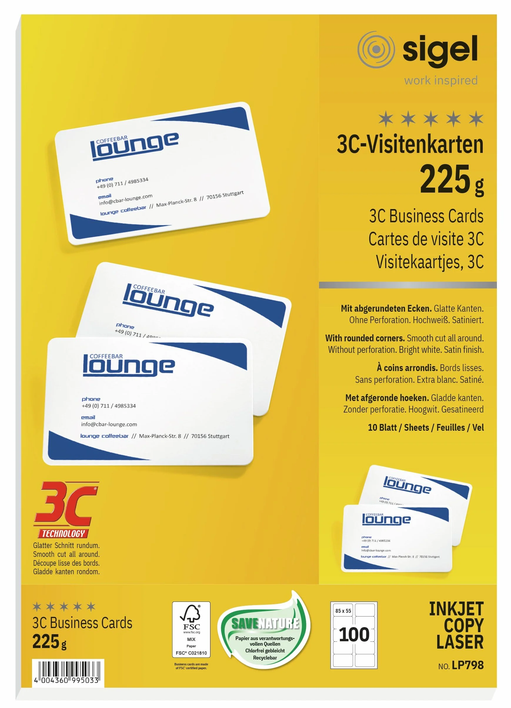 SIGEL LP798 Lot de 100 Cartes de visite imprimables à coins arrondis, 8,5 x 5,5 cm, 225 g