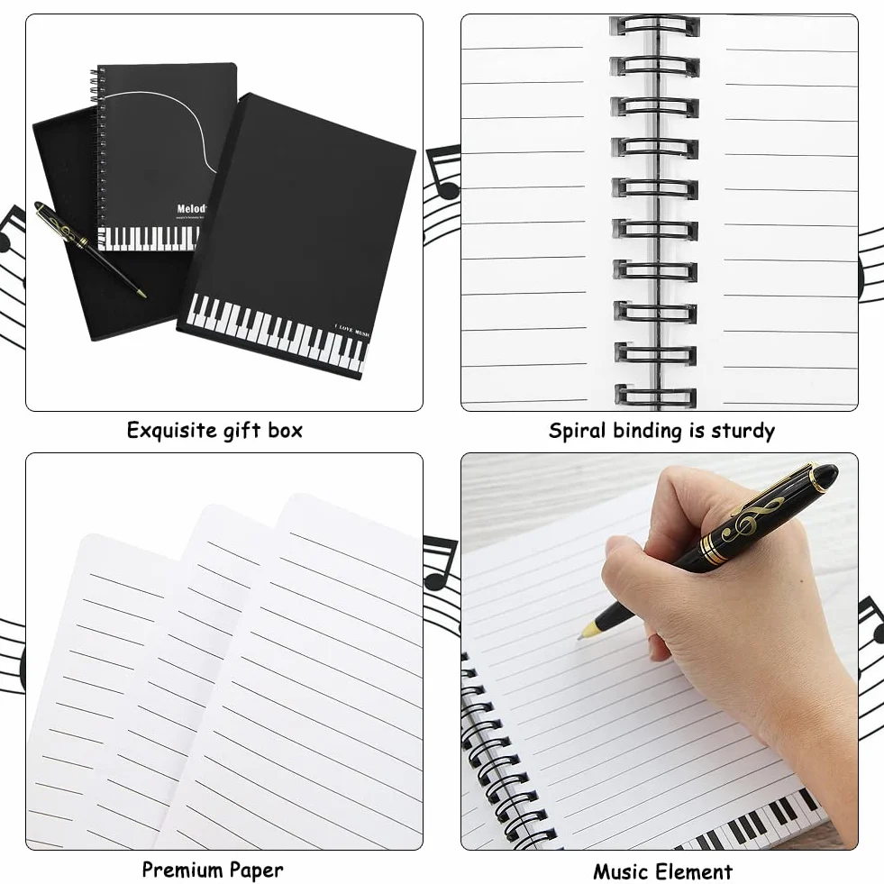 Piano Musical Papeterie Coffret Cadeau, Cahier d'écriture Wirebound avec Stylo Roller Ball Design Clef de Sol pour Bureau École Étudiant (Noir)