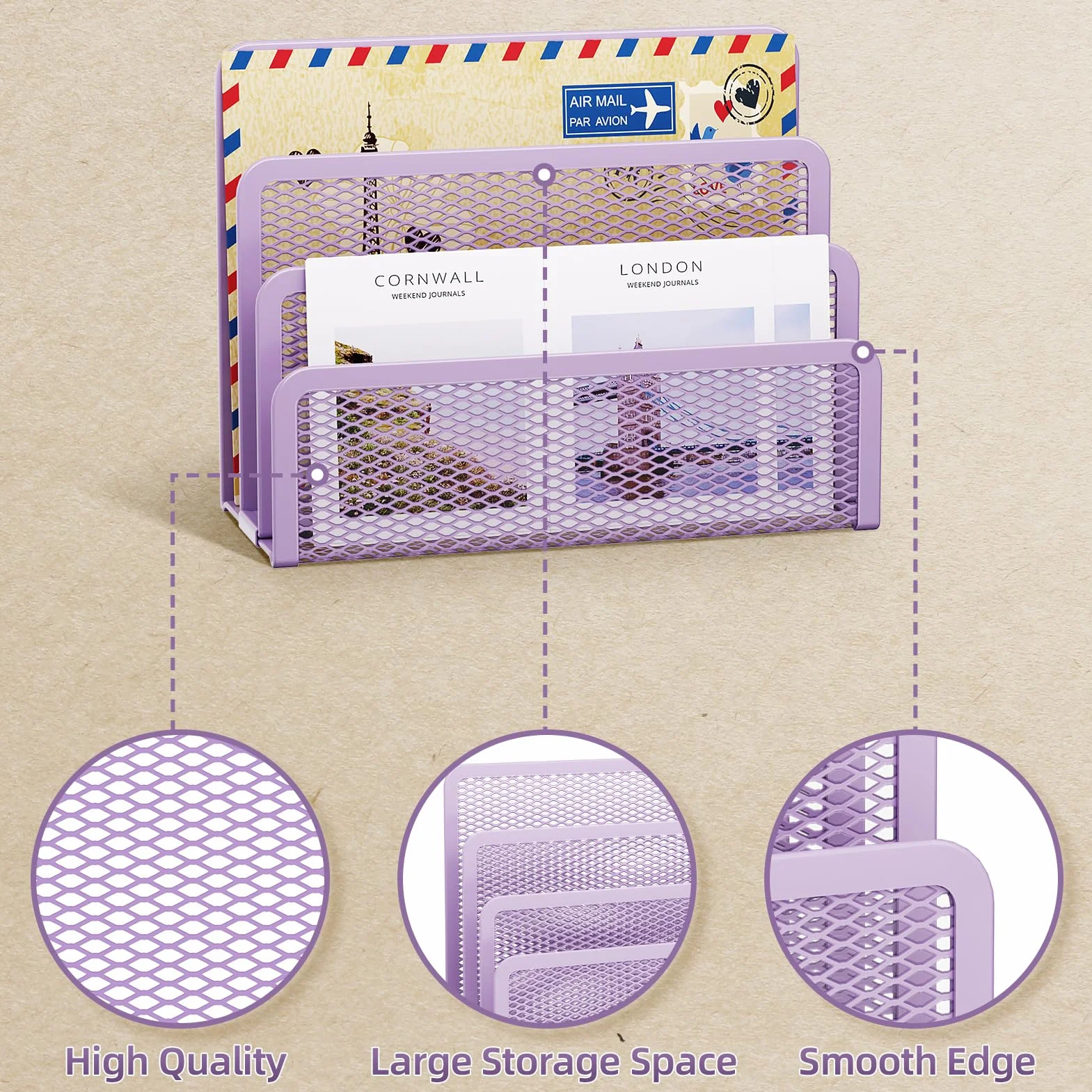 Marbrasse Organiseur de courrier métallique 3 emplacements porte-lettres violet