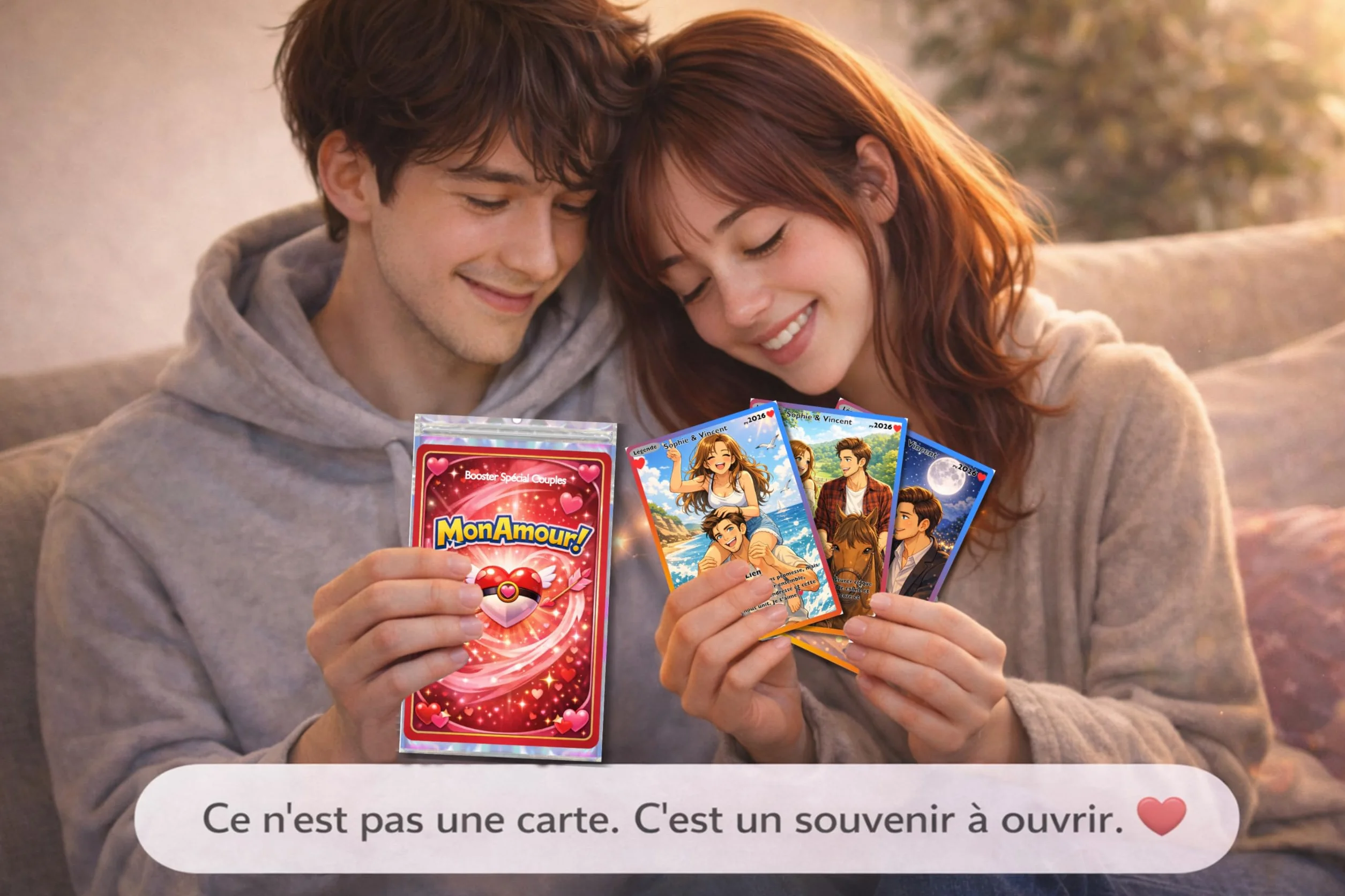 Booster Spécial Couples – 5 Cartes Photo Style Jeu à Collectionner – Cadeau Anniversaire Original