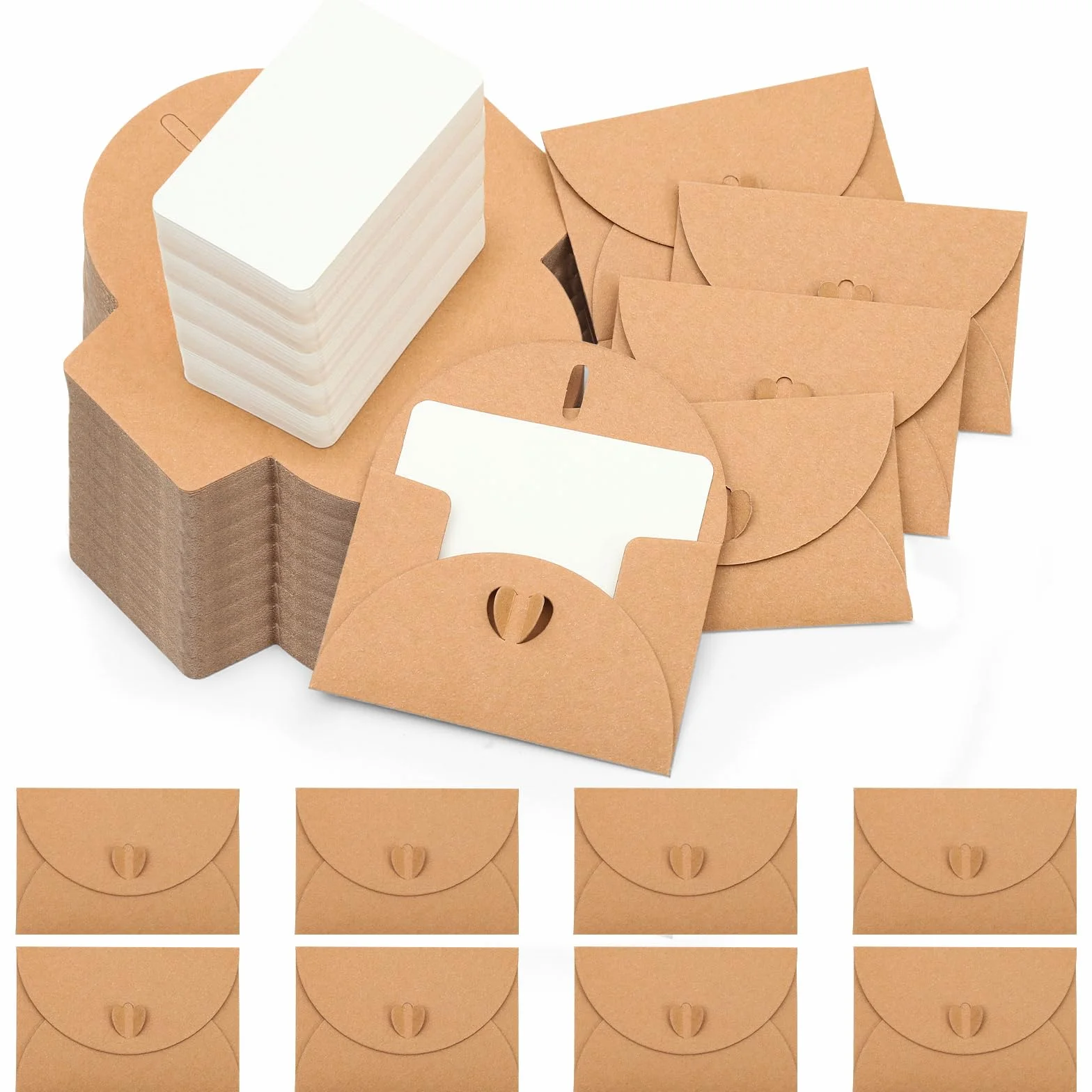 60 Pièces Mini Enveloppe Kraft 10.5×7cm Avec Cartes Vierges Fermeture Coeur Pour Cartes Cadeaux