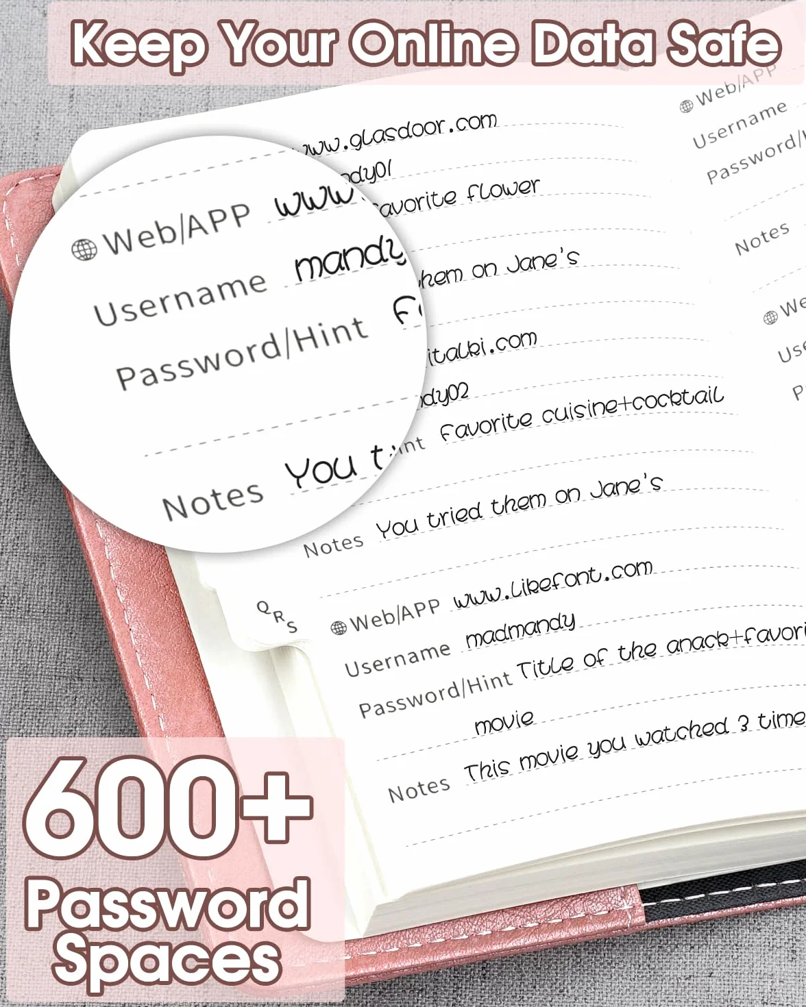 WEMATE Livre de mots de Passe Verrouillable, Organisateur de Codes, 600 Espaces, Rose