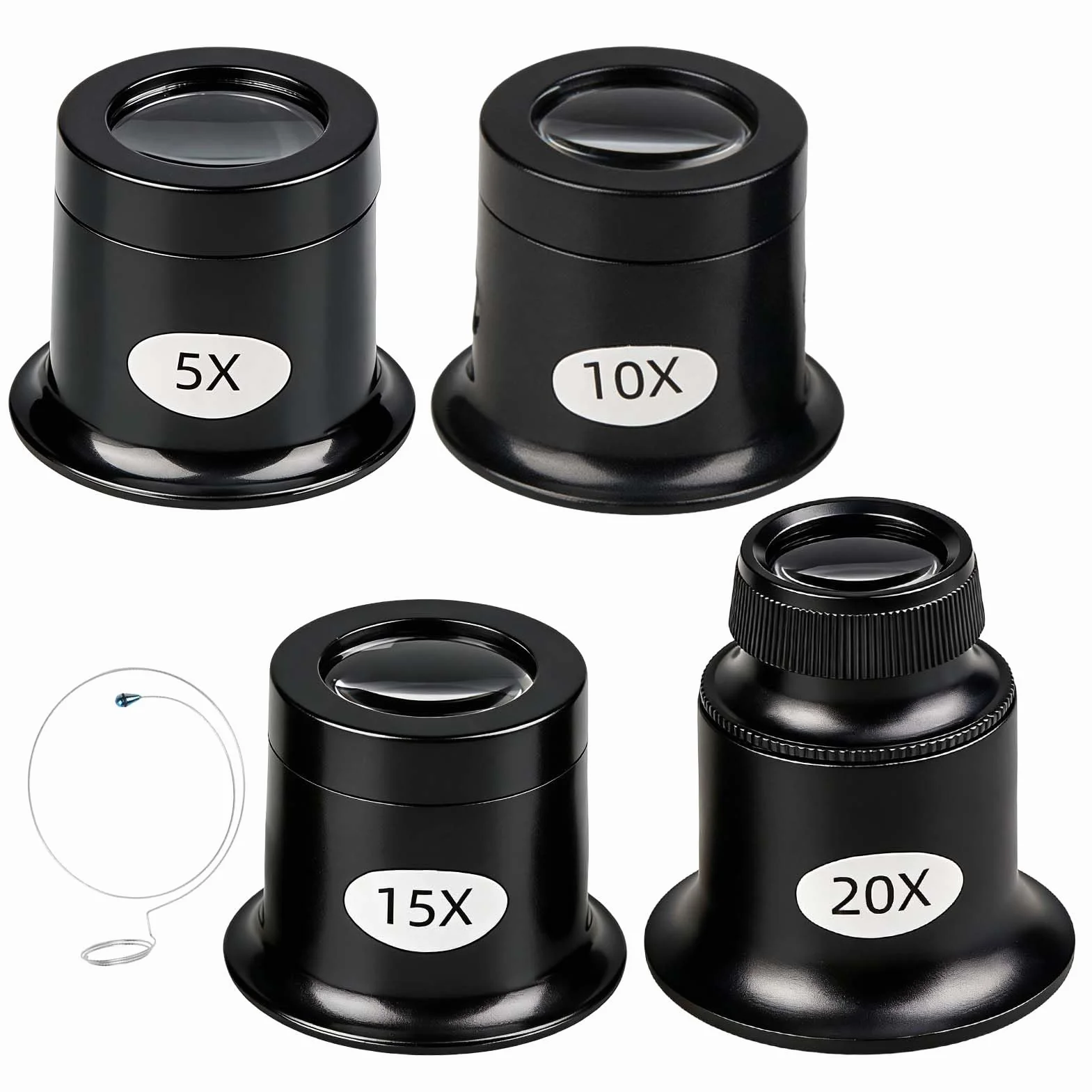 4 Pièces Loupes de Bijoutier 5X 10x 15x 20x Loupe Horloger avec Porte-Fil pour Montre Horloge Réparation
