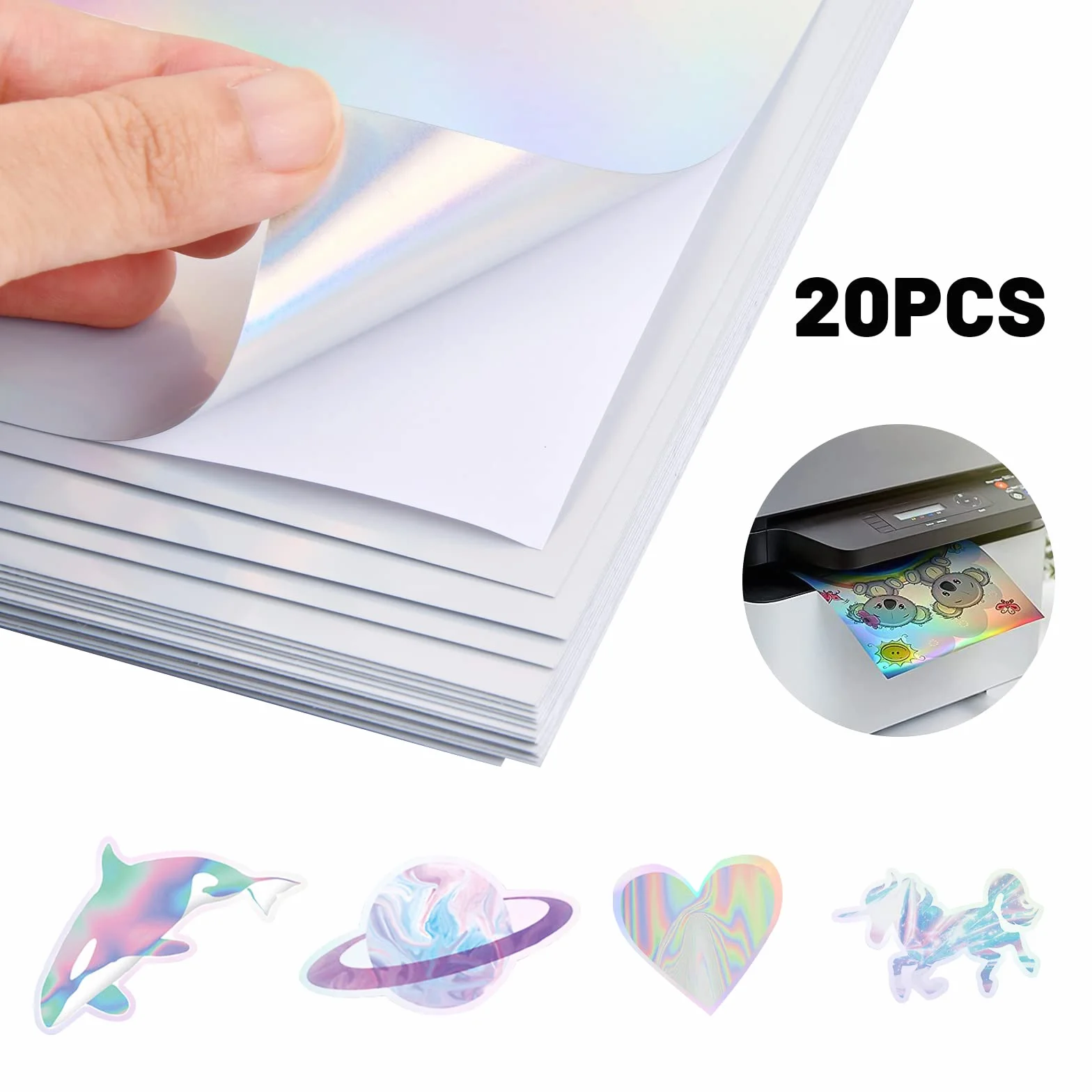 Papier Autocollant Holographique A4 20 Feuilles, Vinyle Imperméable Séchage Rapide pour Imprimante Jet d'Encre et Laser