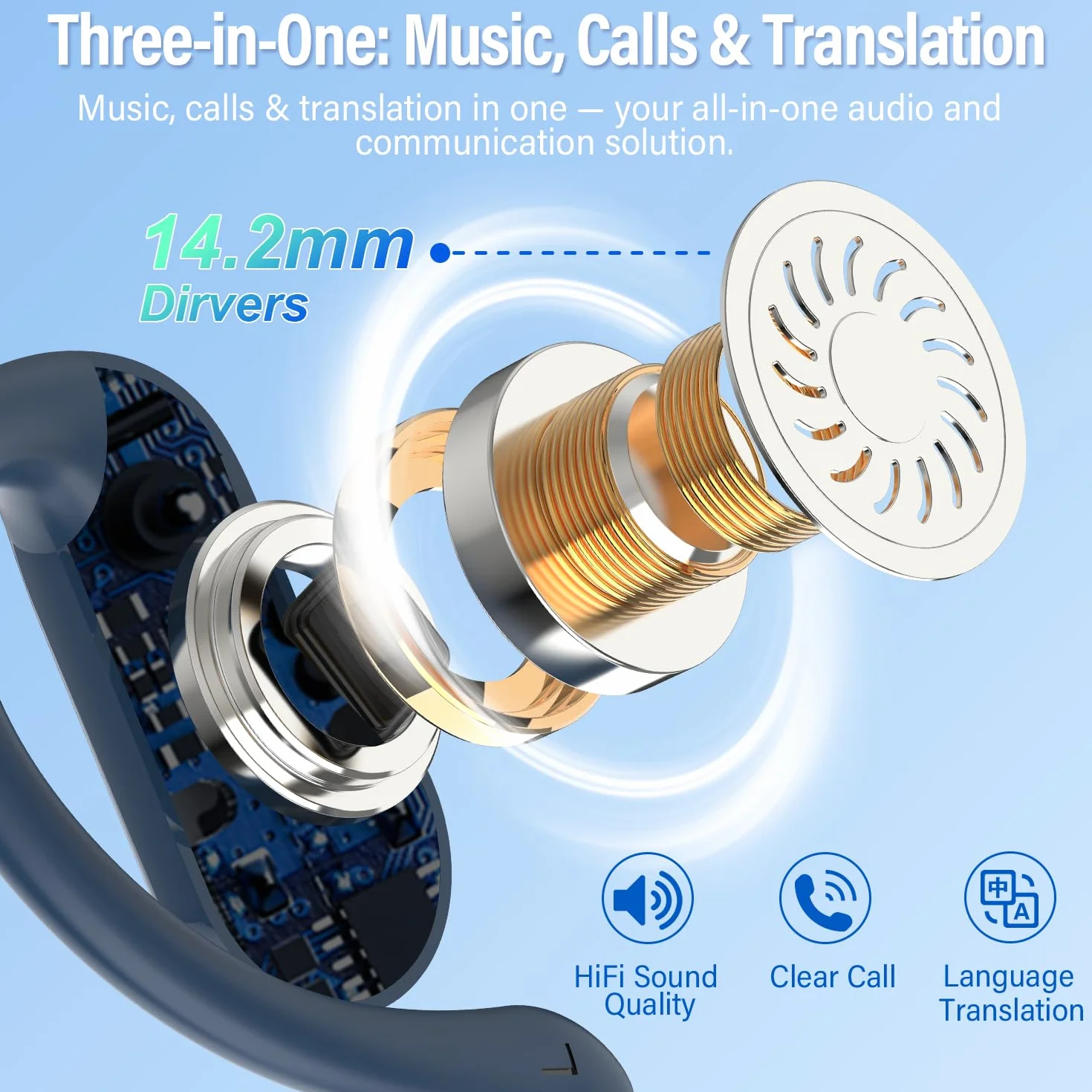 AI Ecouteur Traducteur Instantané Bluetooth 5.4 165 Langues 8 Modes Traduction 42H Open Ear ENC APP Noir