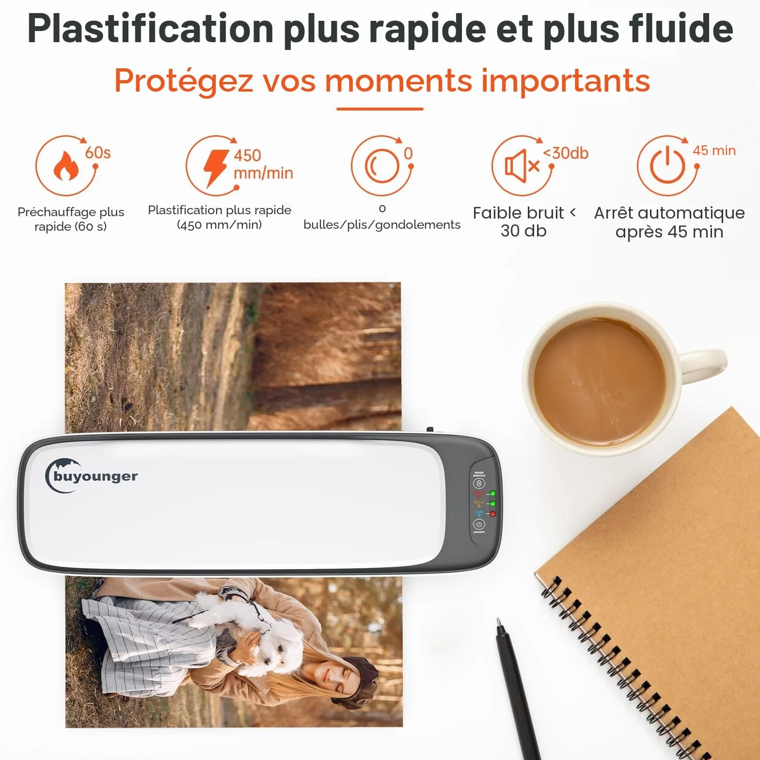 Buyounger Plastifieuse A3 A4 A5 A6, Mode Froid/Chaud avec 25 Pochettes, Chauffage Rapide 60s, Anti-Surchauffe, ABS