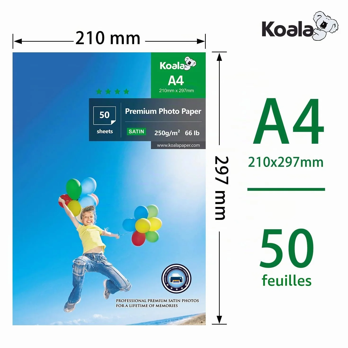 KOALA Papier photo Satiné A4 250g/m² 50 feuilles pour imprimante jet d'encre Canon HP Epson