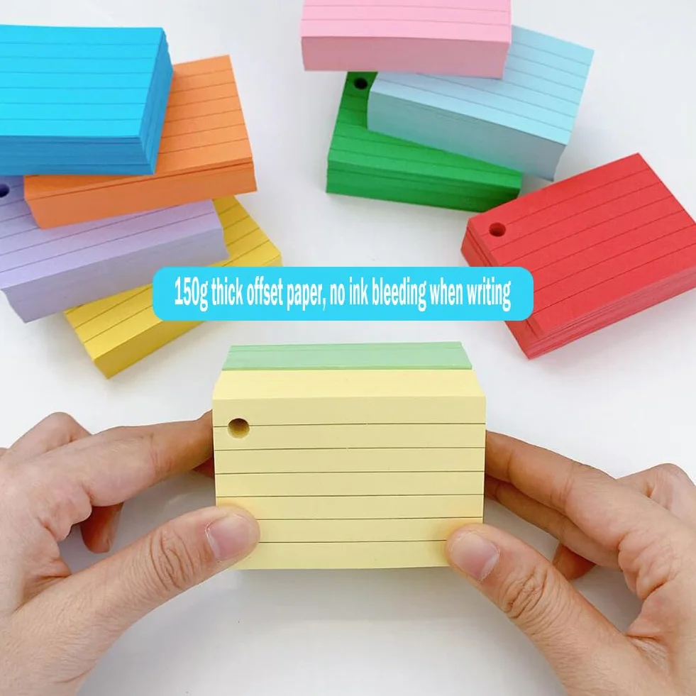 1000 Flash Cards A8 Fiche de Revision Papier Lignées 150g/m² 10 Anneaux Reliure 10 Couleurs