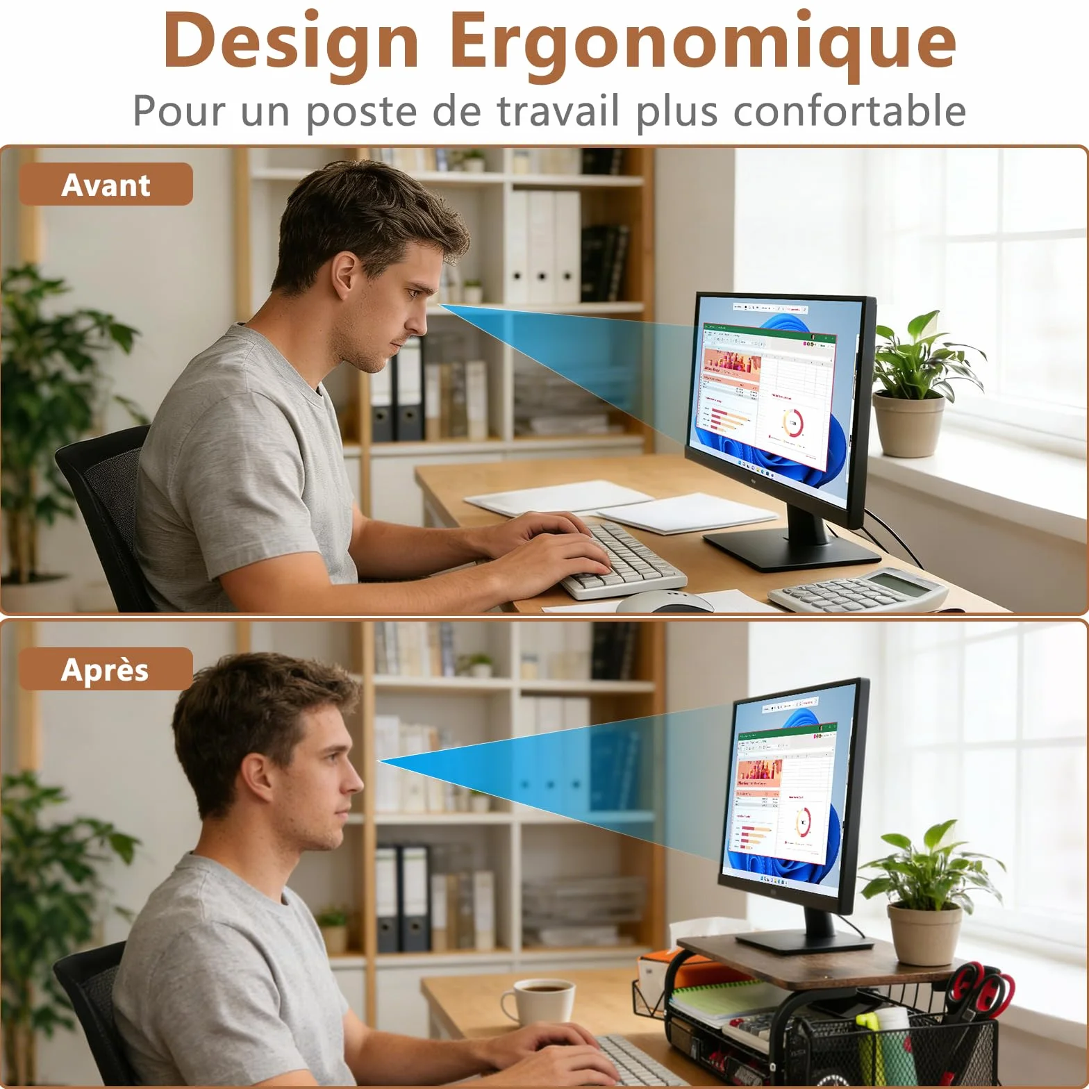 Support d'Écran Vintage 30kg/66lbs - Élévateur Ergonomique Multifonction pour Bureau avec Plateau et Attaches Câbles - Brun Rétro