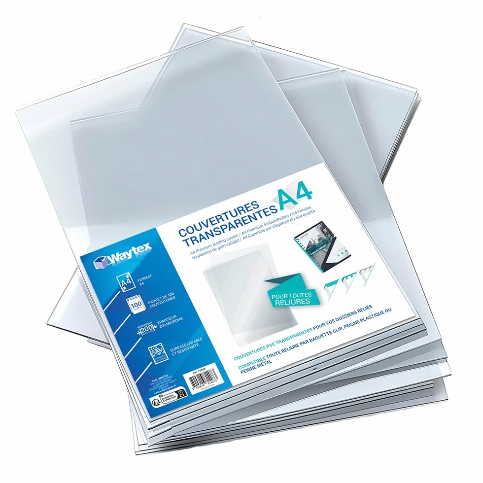 Couvertures de Reliure A4 PVC Transparent Incolore 200 Microns Lot 100