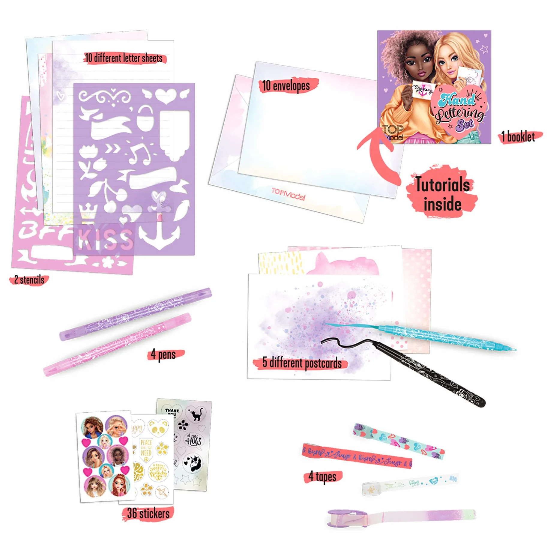 Depesche TOPModel Handlettering Boîte à Lettres Set d'écriture avec Papier à Lettres Autocollants Cartes Postales washi Tape Crayons