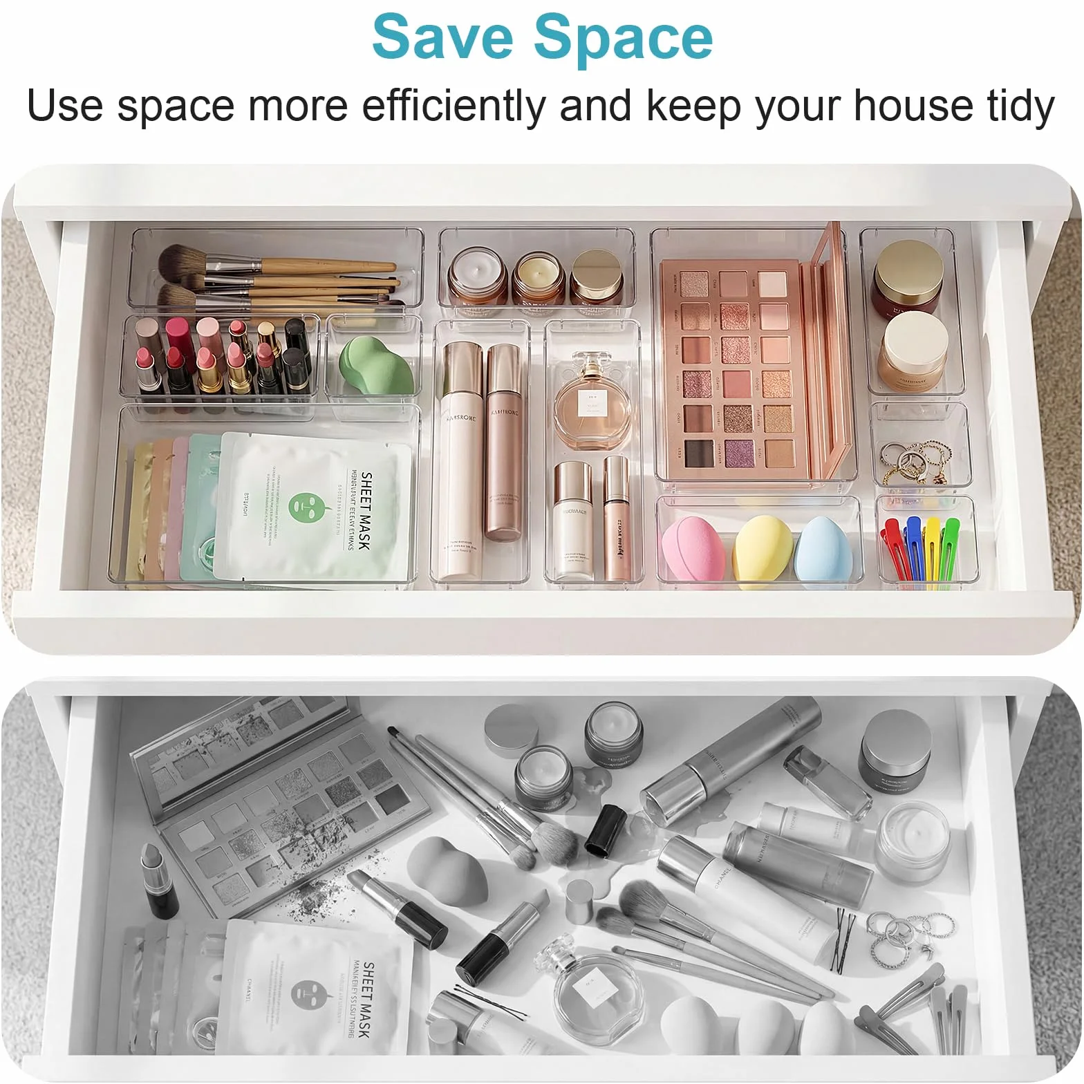 Radikor Lot de 16 Organisateurs de Tiroir, Bacs de Rangement Plastique Transparent, 4 Tailles pour Salle de Bain, Cuisine et Bureau