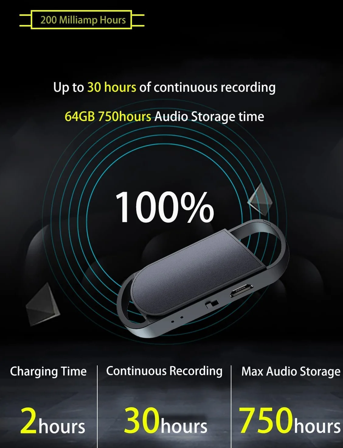 Enregistreur Vocal 64 Go 750 Heures 30h Enregistrement Continu Dictaphone Réunions Entretiens
