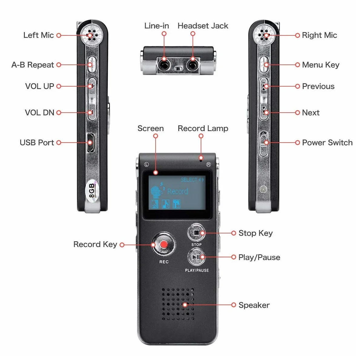 Lychee Dictaphone Enregistreur Vocal Numérique 8GO Portable, Lecteur MP3 Audio à Double Microphone Noir