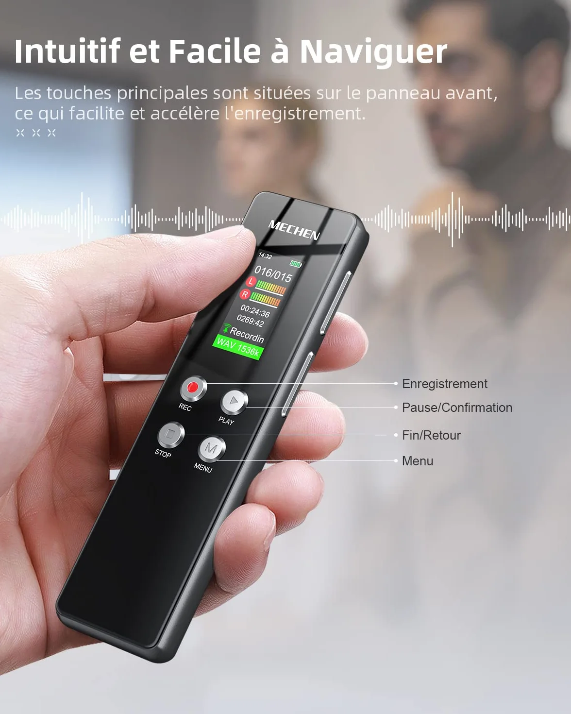 MECHEN Enregistreur Vocal 64 Go, Enregistrement HD 1536 kbps, Réduction du Bruit Automatique, Lecteur MP3