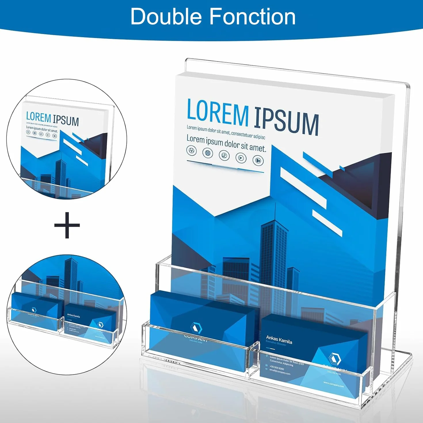 Lot de 2 porte-brochures A4 en acrylique transparent avec porte-cartes de visite intégré