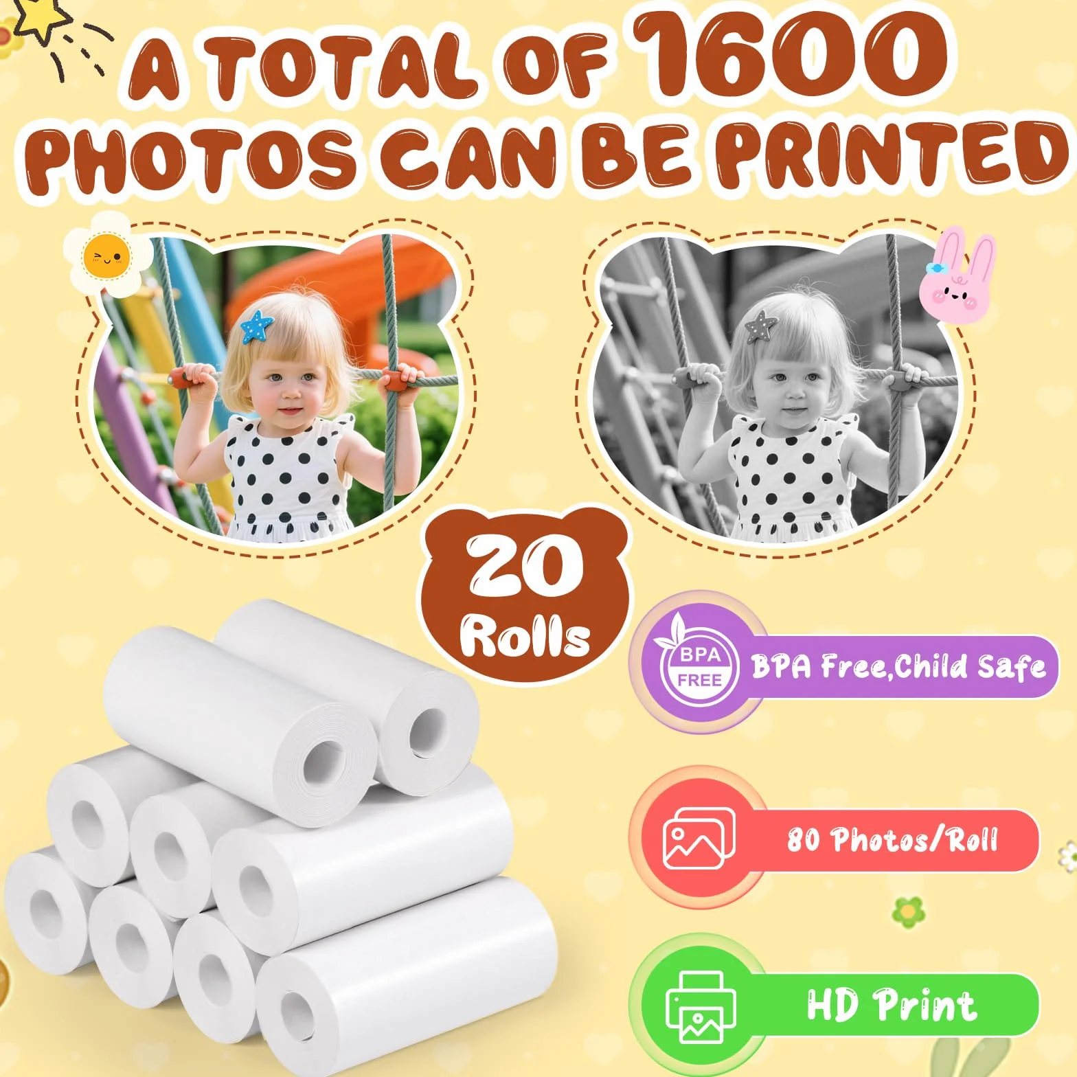 Diboniur Papier Thermique Appareil Photo Enfant 20 Rouleaux Rechange Largeur 5.7cm