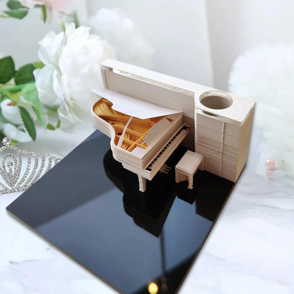 Calendrier 2025 avec bloc-notes 3D créatif - Décoration de bureau pour amateurs de piano
