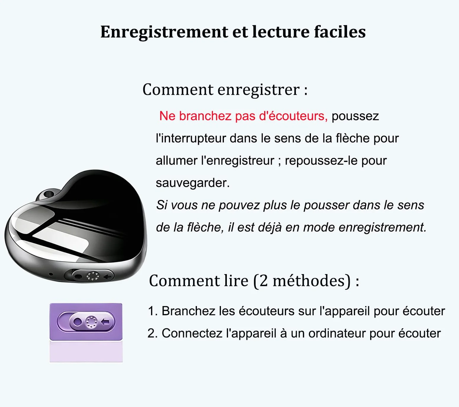 Mini Enregistreur Vocal 16G avec Activation Vocale Micro Dictaphone Numérique Écouteurs Pendentif